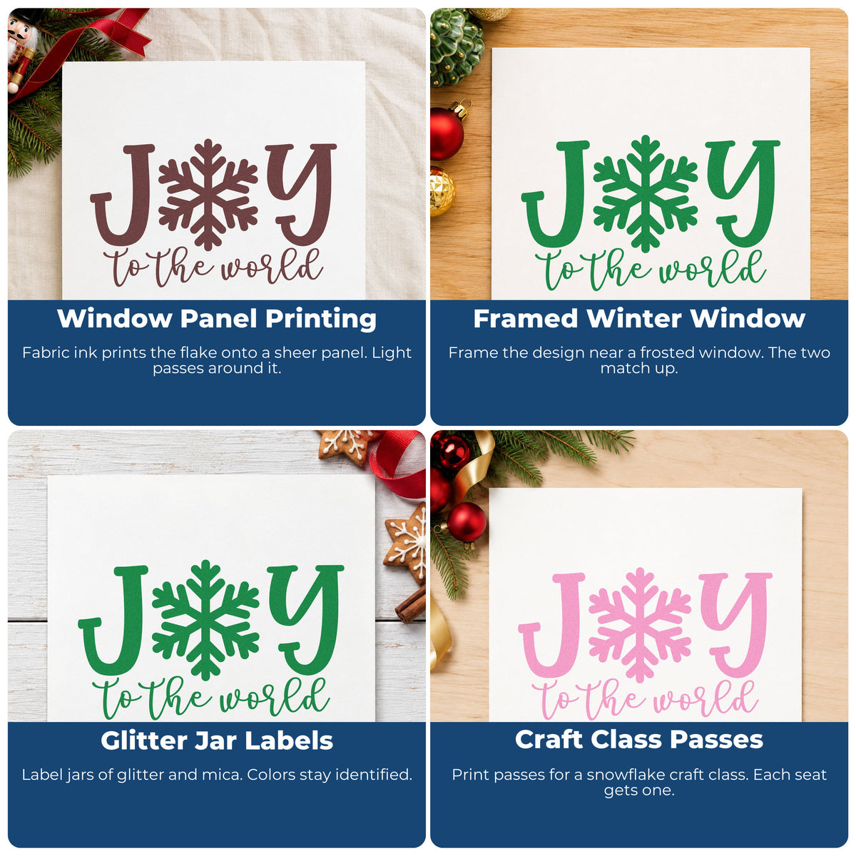 Four ways to use the Joy World Snowflake Letter Rubber Stamp – Duo Hand: window panel printing, framed winter window, glitter jar labels and craft class passes.