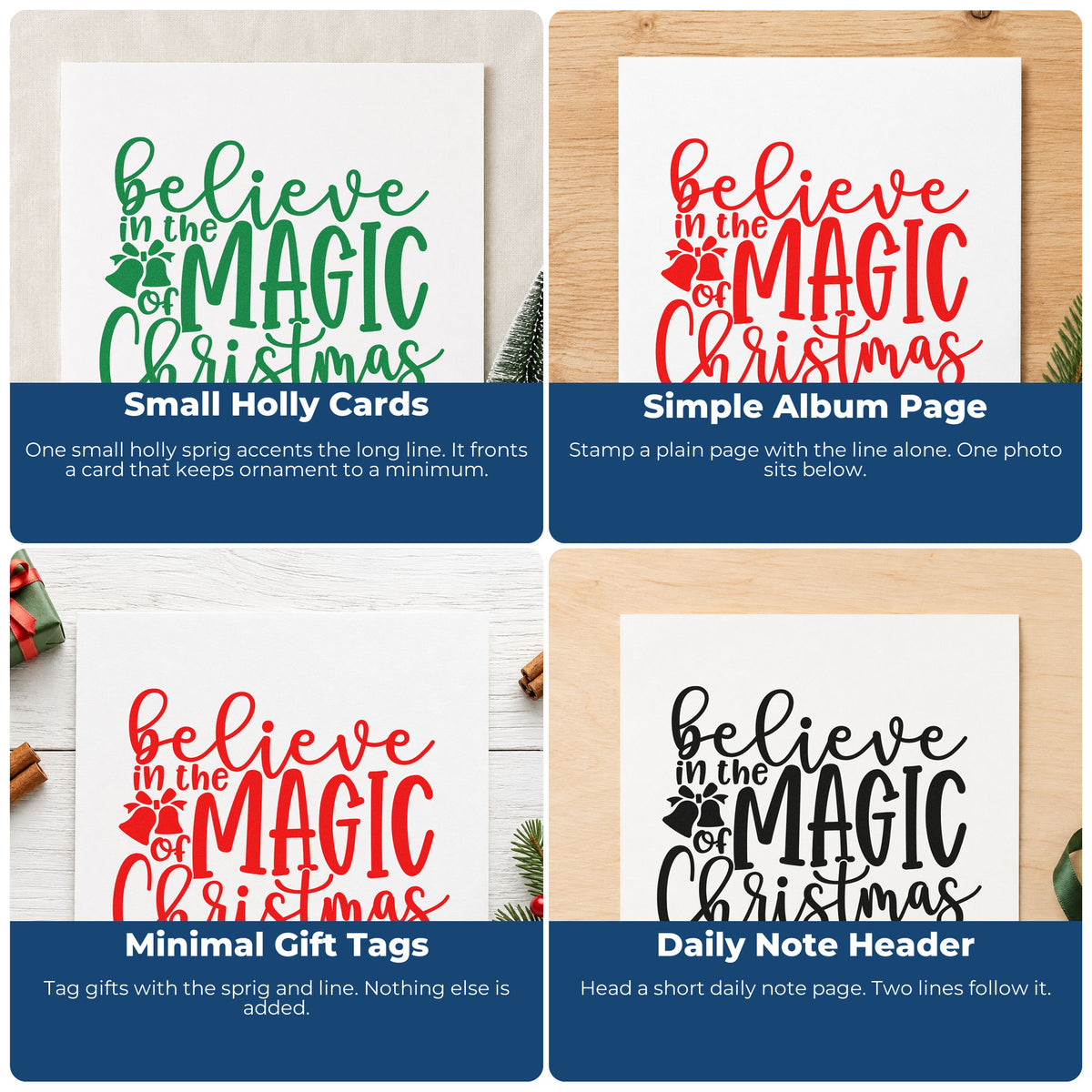 Christmas rubber stamp ideas for gift wrap, holiday cards, advent calendars, and ornaments with festive stamped designs.