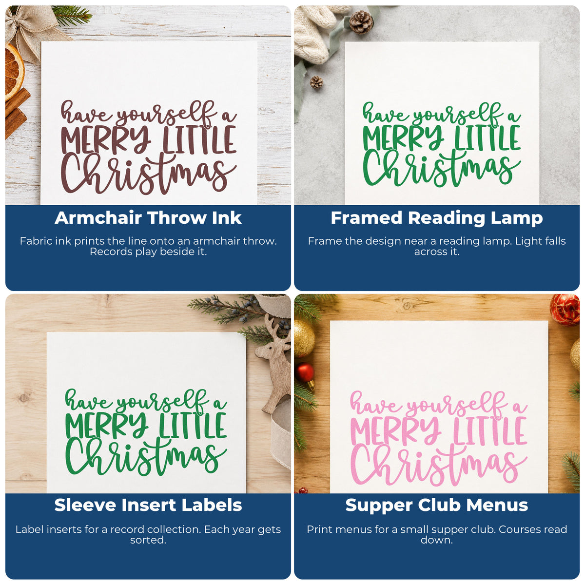 Four ways to use the Have Yourself A Merry Little Christmas Pre-Inked Stamp – PSI: armchair throw ink, framed reading lamp, sleeve insert labels and supper club menus.