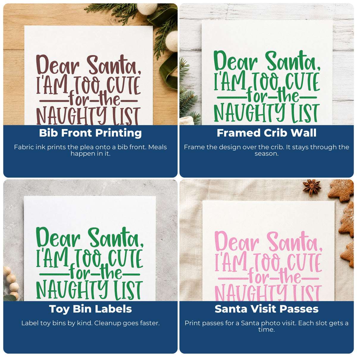 Four ways to use the Self-Inking Too Cute For The Naughty List Lettering Stamp: bib front printing, framed crib wall, toy bin labels and santa visit passes.