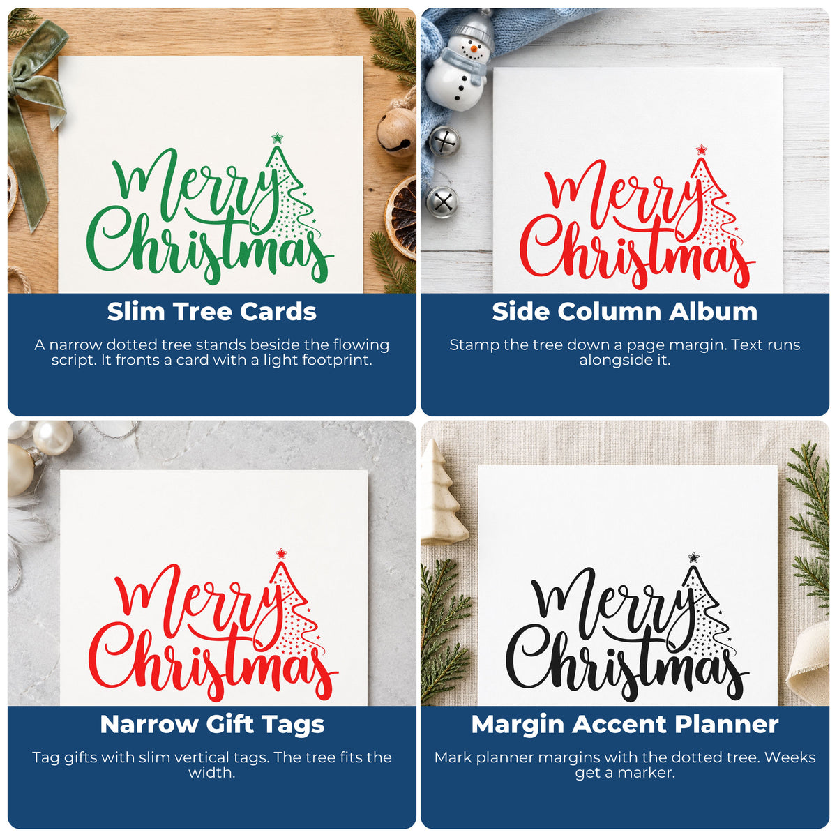 Christmas rubber stamp ideas for gift wrap, holiday cards, advent calendars, and ornaments with festive sayings.