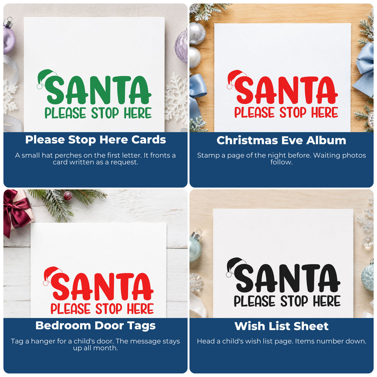 Four ways to use the Santa Please Stop Here Hat Rubber Stamp – Wood Handle: please stop here cards, christmas eve album, bedroom door tags and wish list sheet.