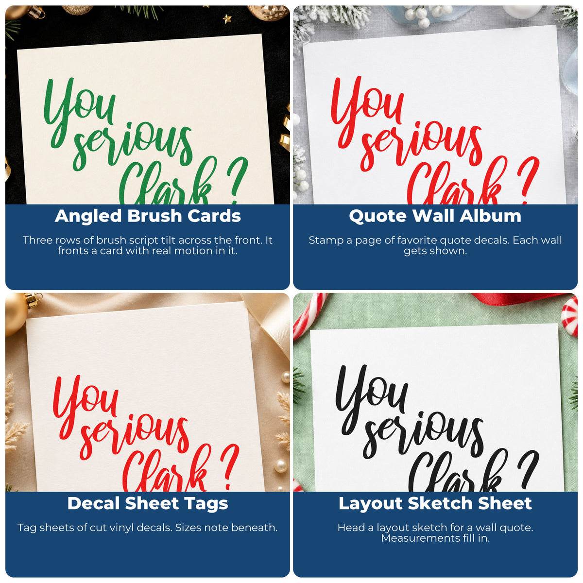 Four ways to use the You Serious Clark? Wood-Mounted Rubber Stamp: angled brush cards, quote wall album, decal sheet tags and layout sketch sheet.