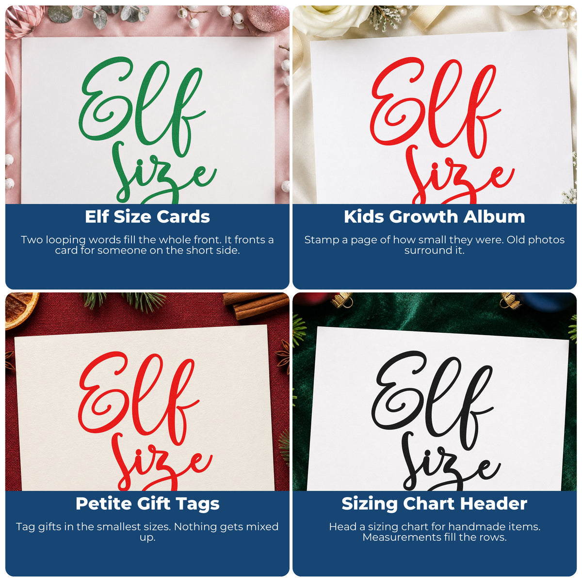 Four ways to use the Elf Size Script Stamp – Duo Hand: elf size cards, kids growth album, petite gift tags and sizing chart header.
