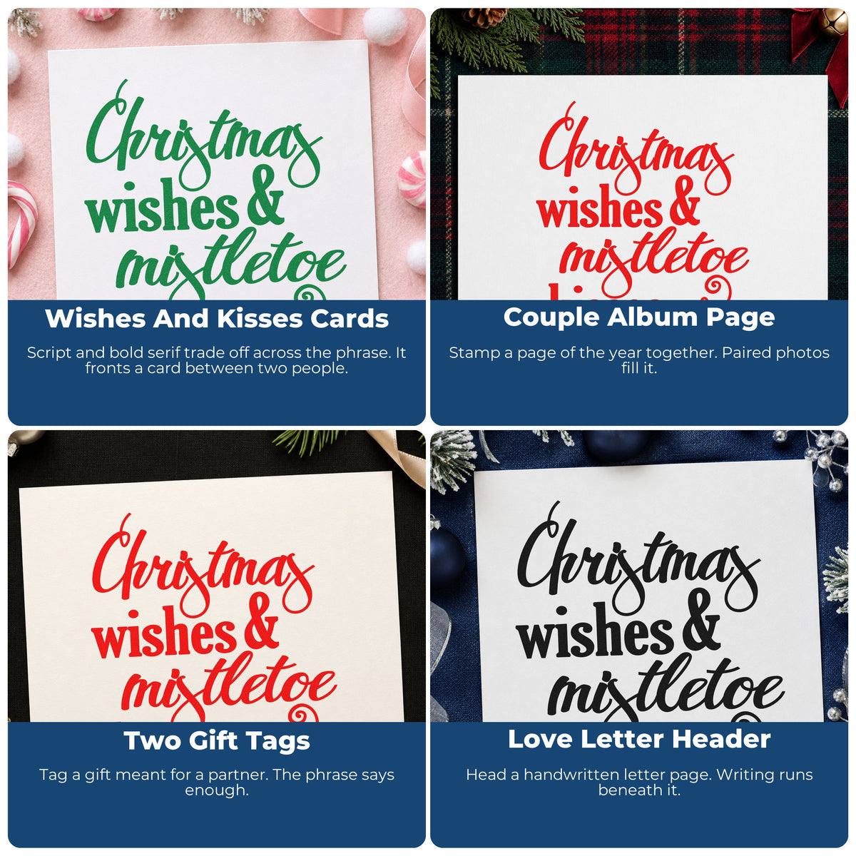 Four ways to use the Christmas Wishes & Mistletoe Kisses Stamp – PSI Pre-Inked: wishes and kisses cards, couple album page, two gift tags and love letter header.