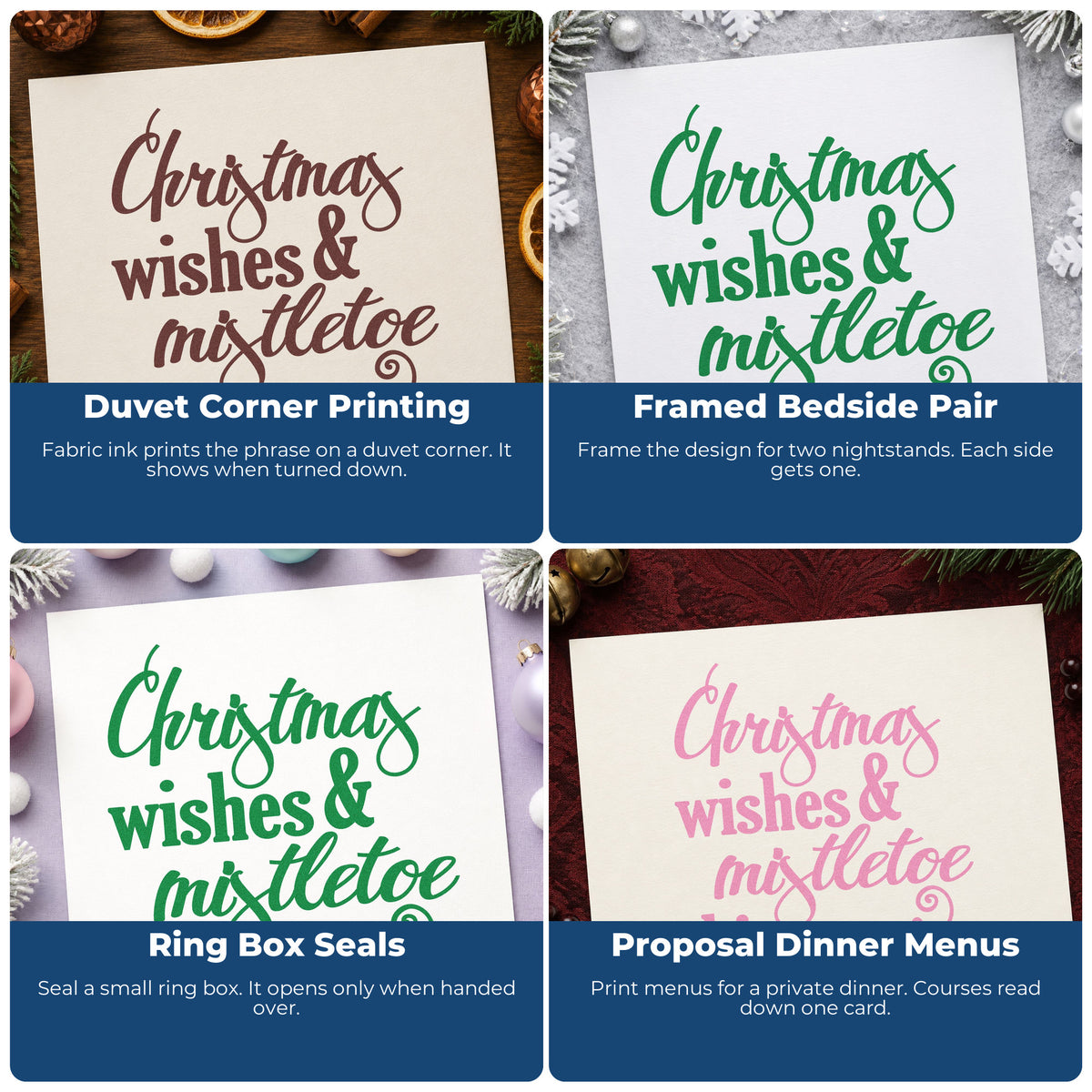Four ways to use the Christmas Wishes & Mistletoe Kisses Premium Wooden Stamp - Vintage Pro: duvet corner printing, framed bedside pair, ring box seals and proposal dinner menus.