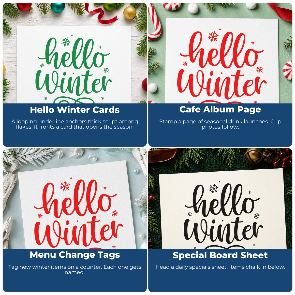 Four ways to use the Hello Winter Snowflakes Pre-Inked Stamp – PSI: hello winter cards, cafe album page, menu change tags and special board sheet.