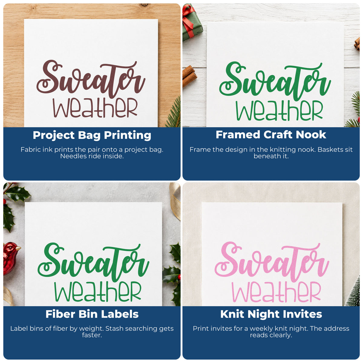 Four ways to use the Sweater Weather Script Pre-Inked Stamp – PSI: project bag printing, framed craft nook, fiber bin labels and knit night invites.
