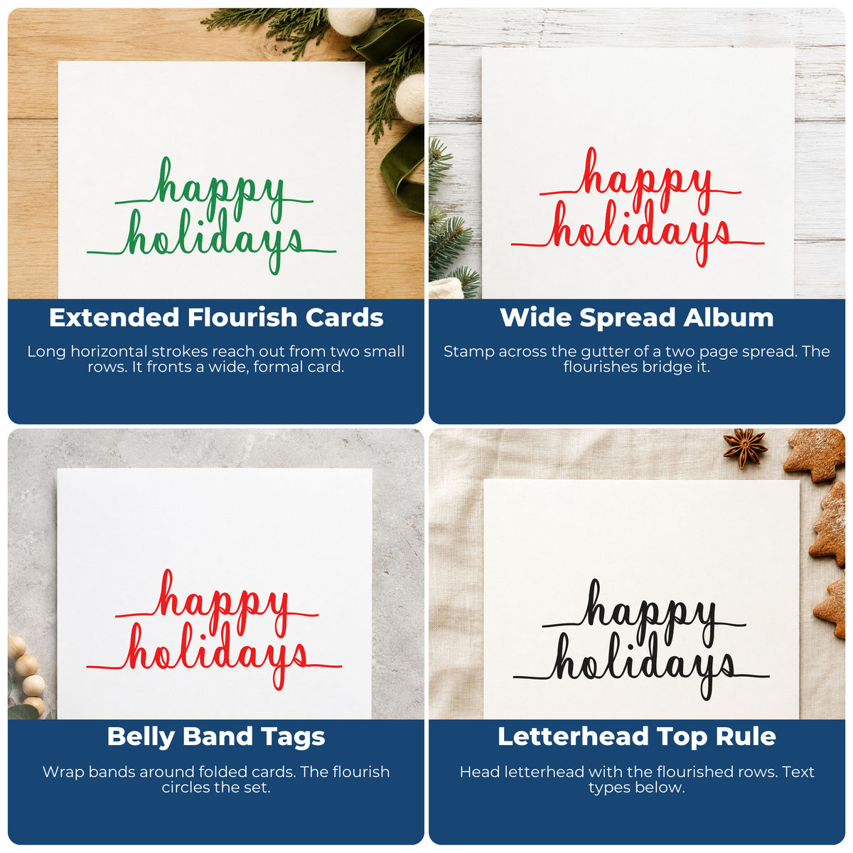Four ways to use the Happy Holidays Underlined Script Stamp – PSI Pre-Inked: extended flourish cards, wide spread album, belly band tags and letterhead top rule.