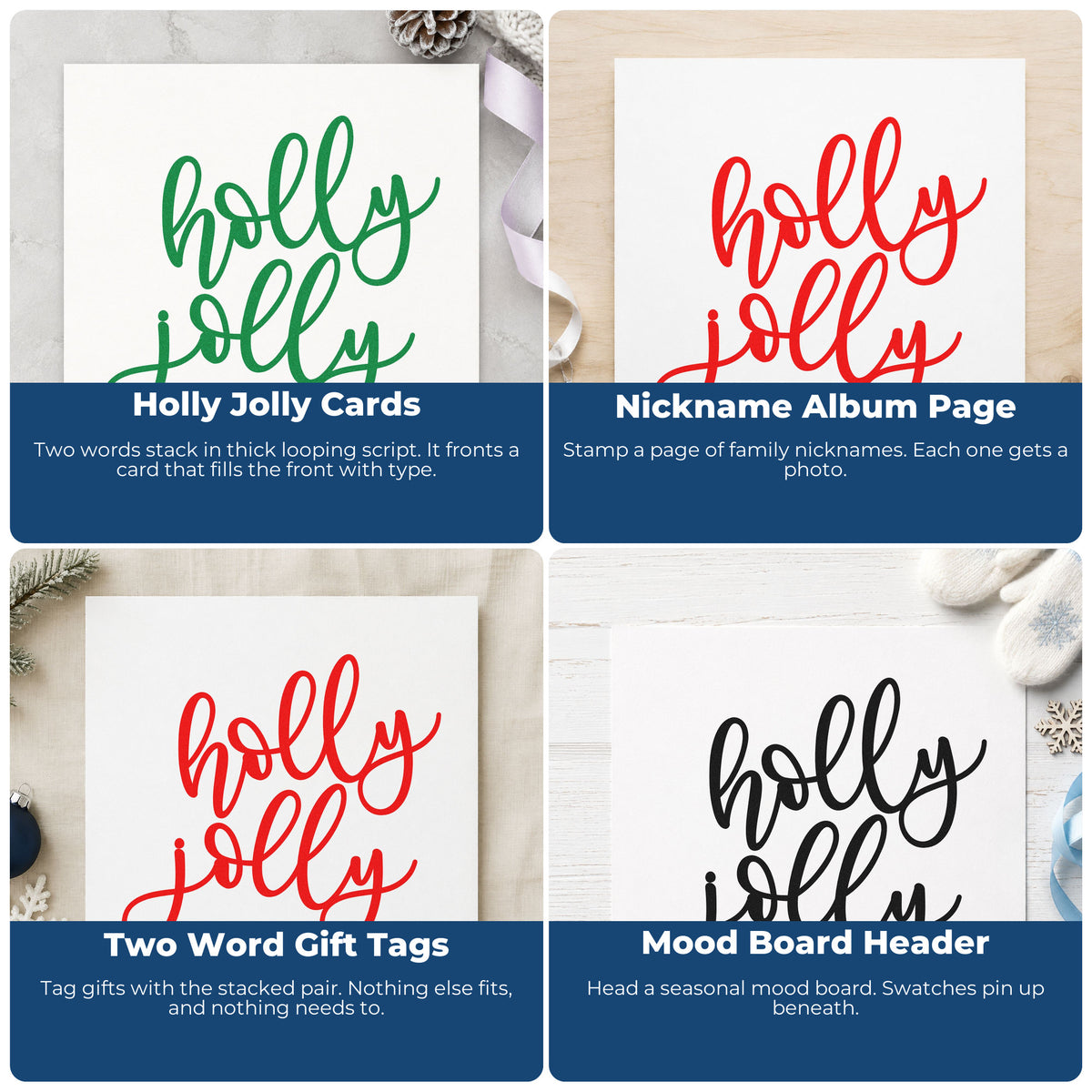 Christmas rubber stamp ideas for custom wrapping paper, greeting cards, advent calendars, and ornaments.