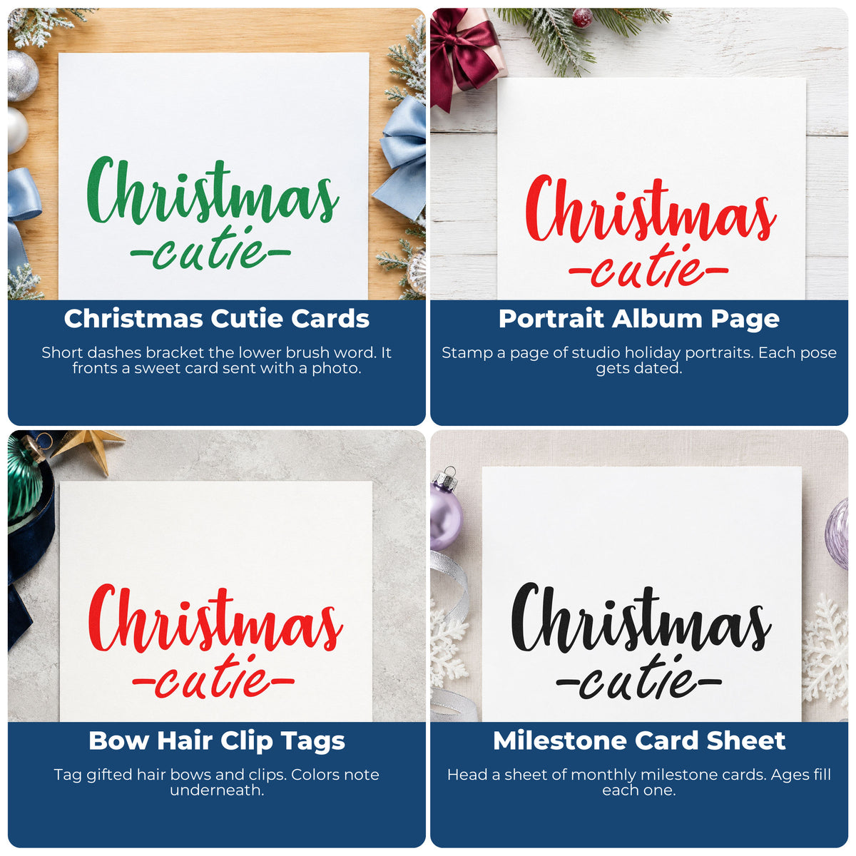 Four ways to use the PSI Pre-Inked Christmas Cutie Stamp: christmas cutie cards, portrait album page, bow hair clip tags and milestone card sheet.
