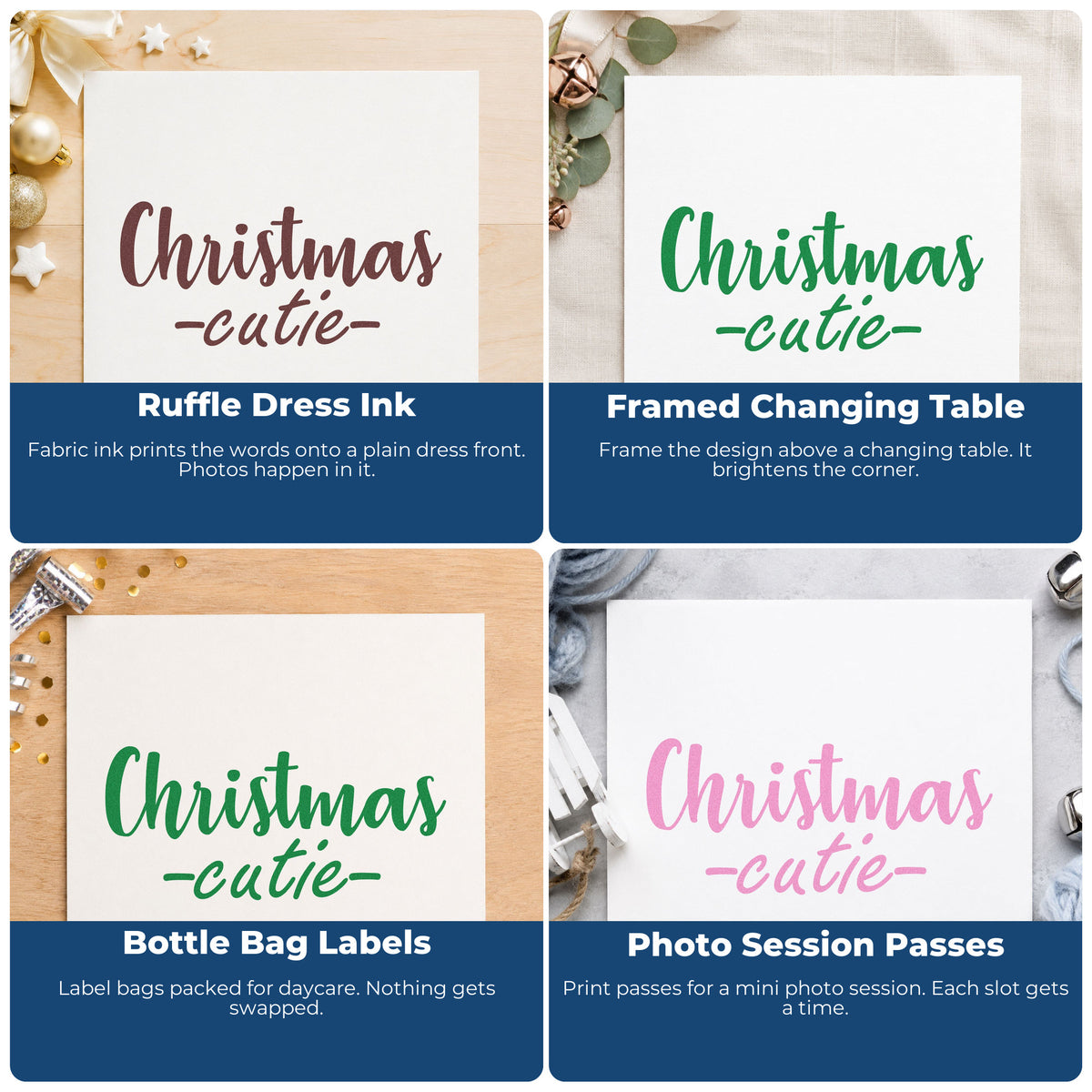 Four ways to use the PSI Pre-Inked Christmas Cutie Stamp: ruffle dress ink, framed changing table, bottle bag labels and photo session passes.