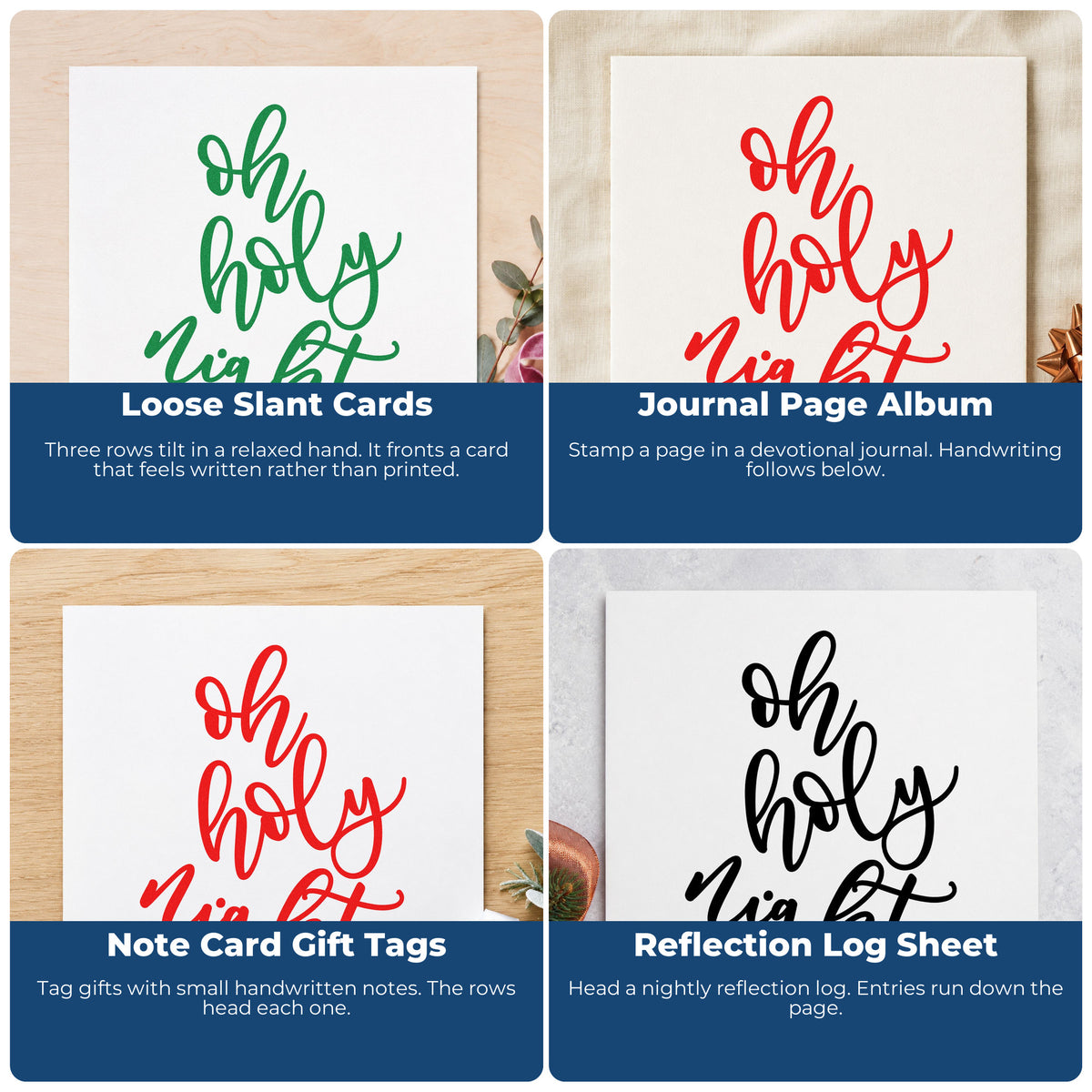 Four ways to use the Oh Holy Night Letter Art Self-Inking Stamp: loose slant cards, journal page album, note card gift tags and reflection log sheet.