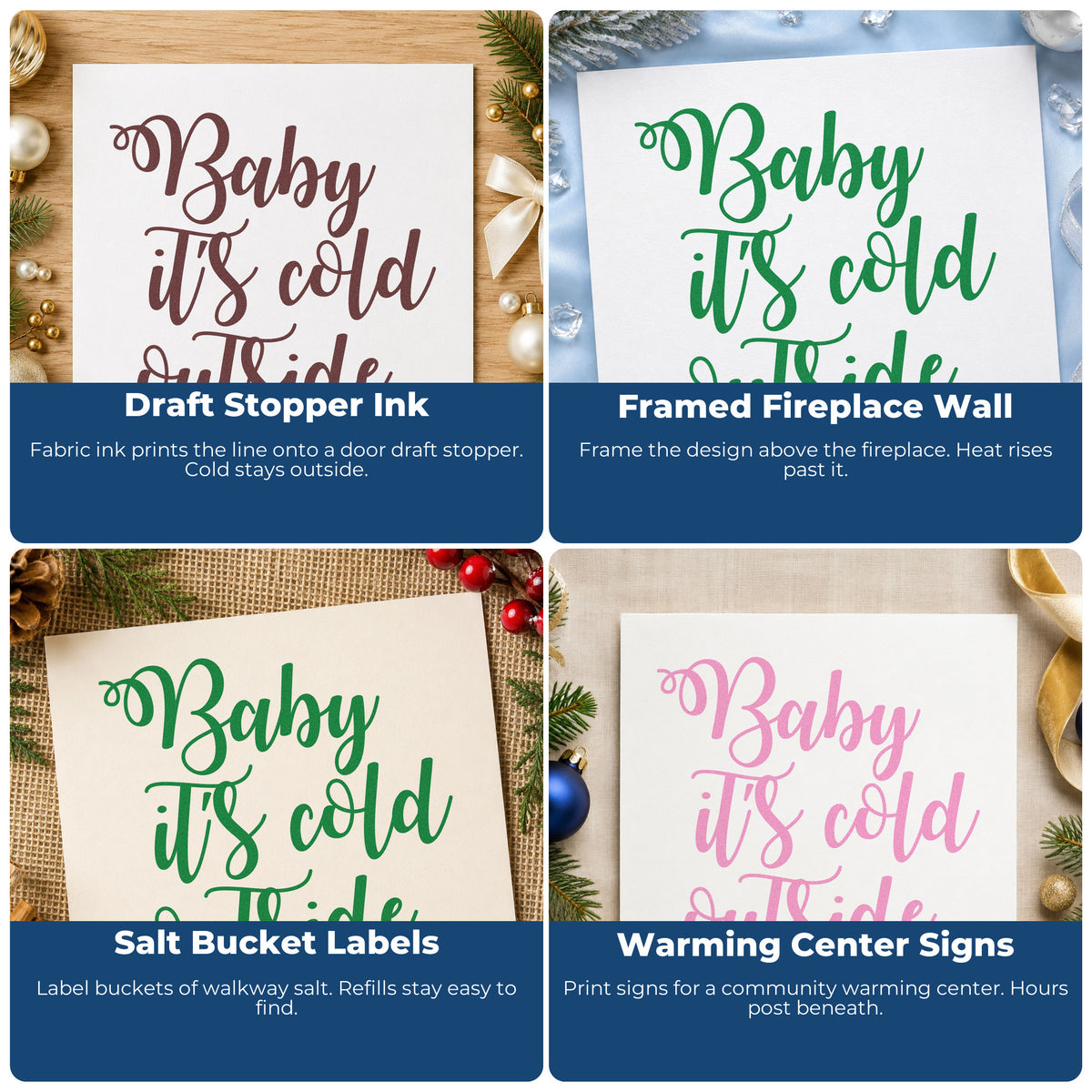 Holiday rubber stamp design collage for envelopes, cookie labels, scrapbooks, and DIY candle gifts with festive Christmas sayings.