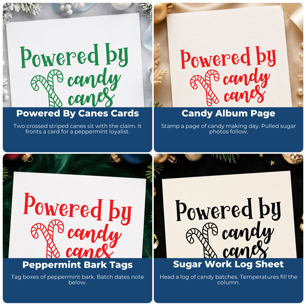 Four ways to use the Powered By Candy Canes PSI Pre-Inked Stamp: powered by canes cards, candy album page, peppermint bark tags and sugar work log sheet.