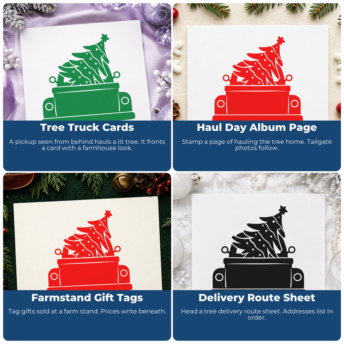 Four ways to use the Pickup Truck Christmas Tree With Stars Hand Stamp – Duo: tree truck cards, haul day album page, farmstand gift tags and delivery route sheet.