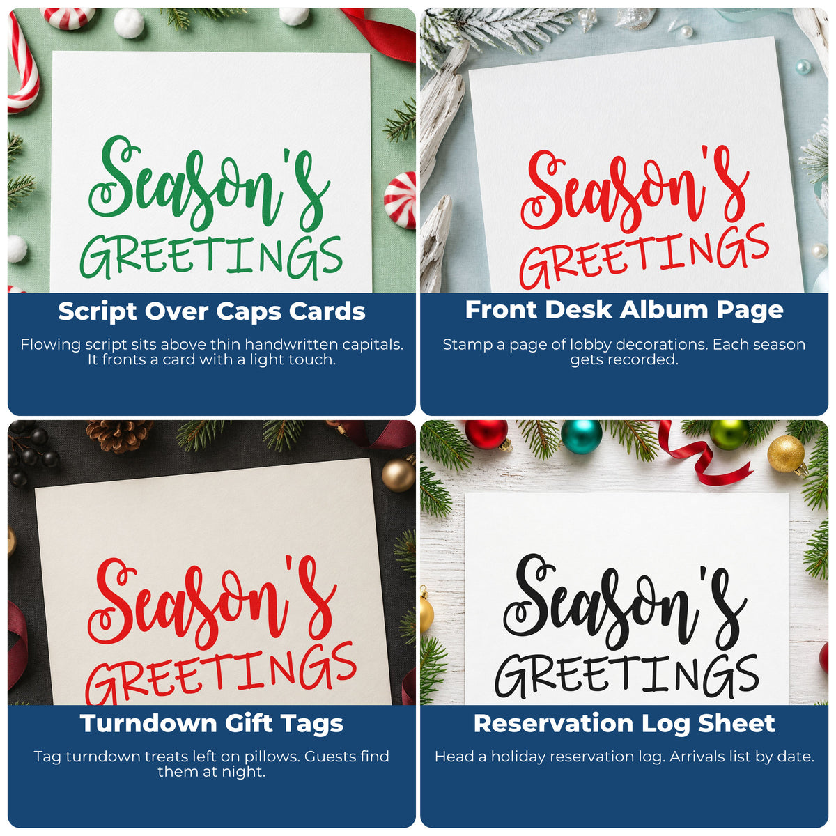 Christmas rubber stamp ideas for wrapping paper, holiday cards, advent calendars, and handmade Christmas ornaments.