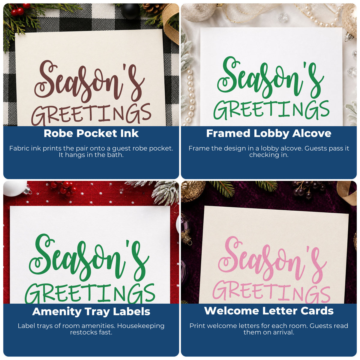 Holiday rubber stamp design for envelope decoration with festive Let It Snow lettering and snowflake accents.
