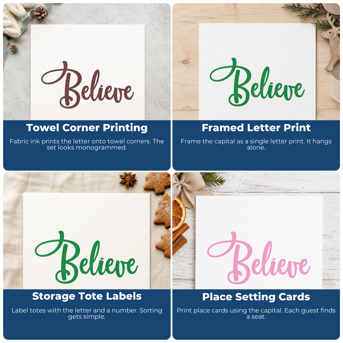 Four ways to use the Believe Bold Script Lettering Premium Wooden Stamp - Vintage Pro: towel corner printing, framed letter print, storage tote labels and place setting cards.