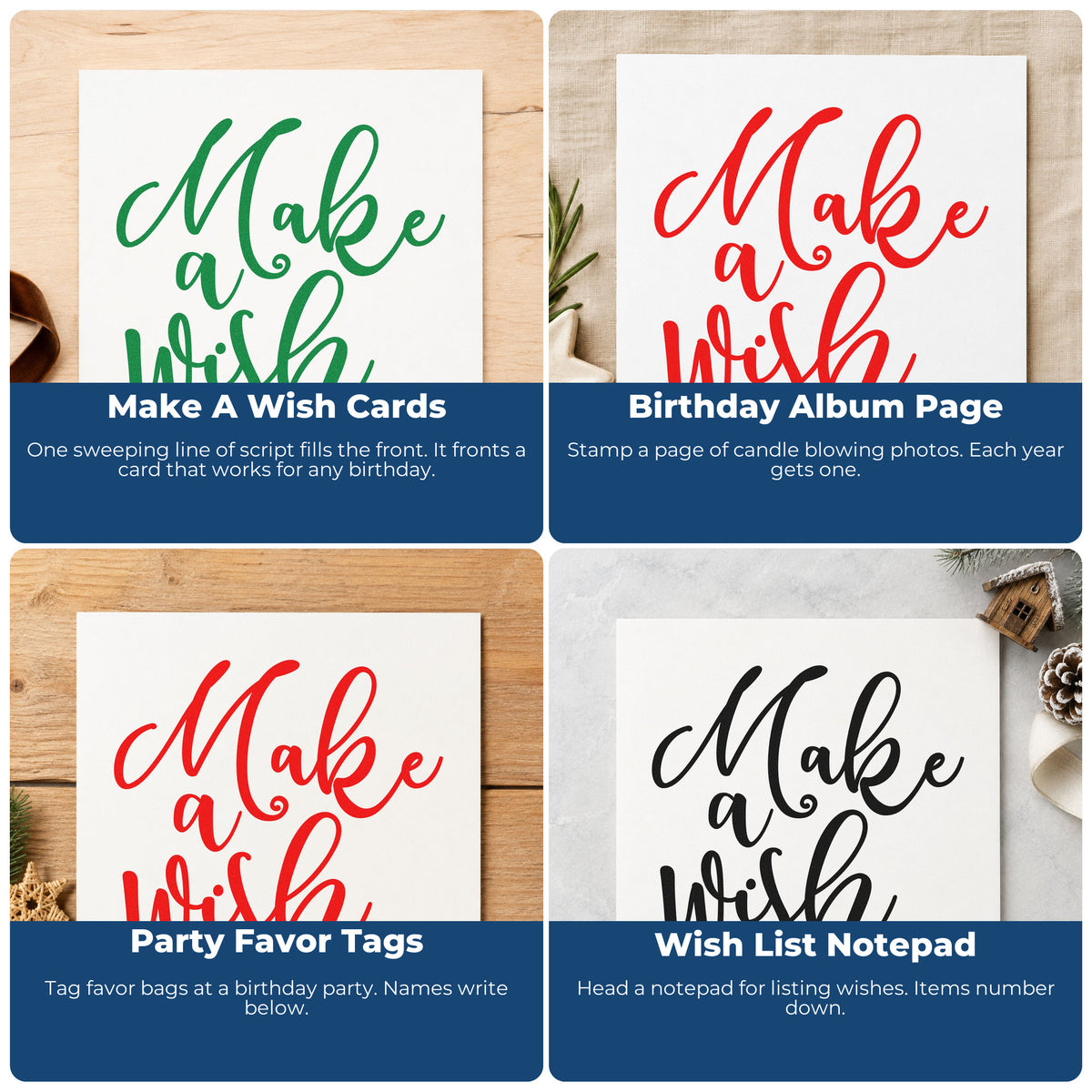 Four ways to use the Make A Wish Sweeping Script Rubber Stamp – Duo Hand: make a wish cards, birthday album page, party favor tags and wish list notepad.
