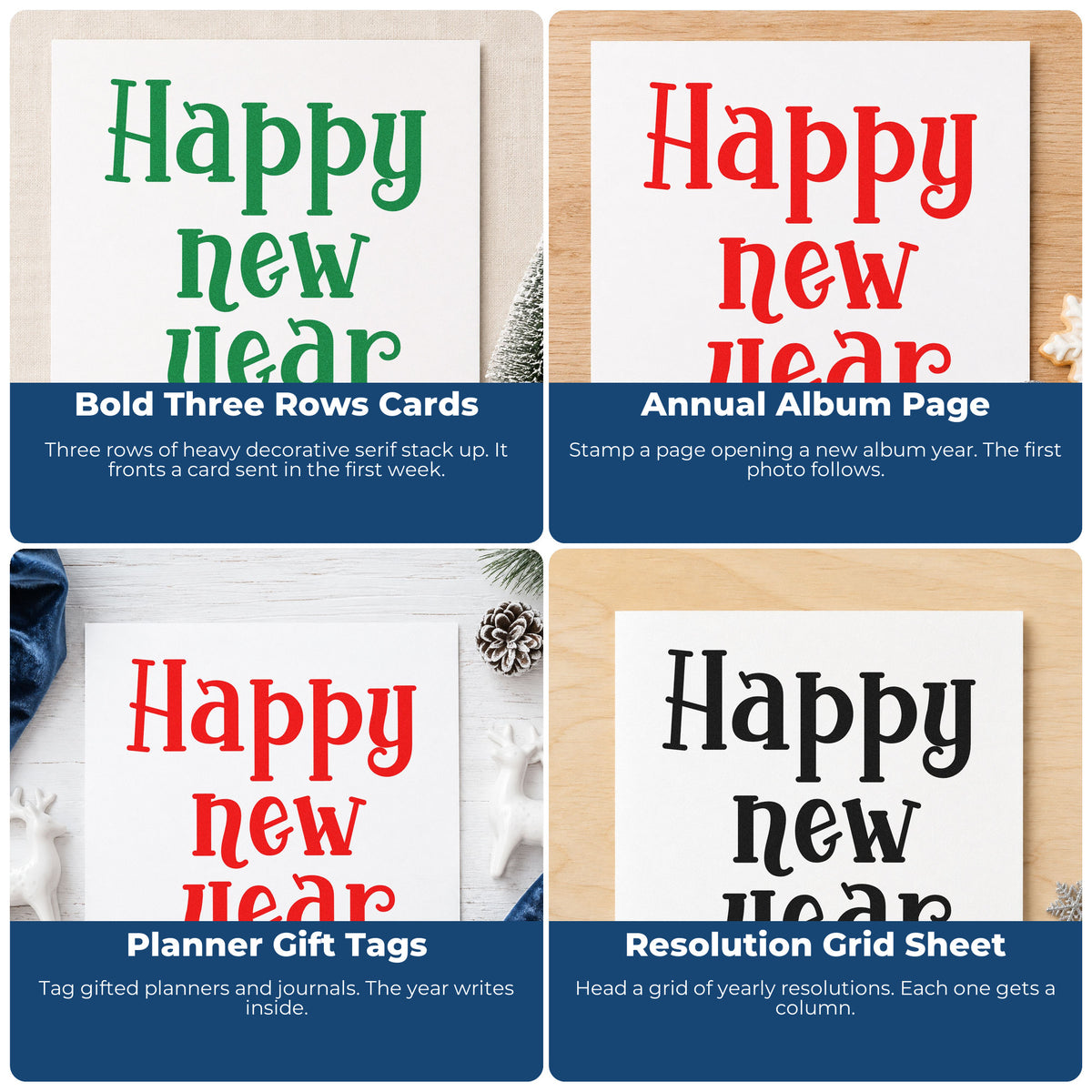 Four ways to use the Happy New Year Serif Pre-Inked Stamp – PSI: bold three rows cards, annual album page, planner gift tags and resolution grid sheet.
