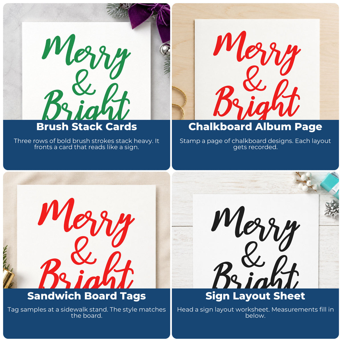 Four ways to use the Merry And Bright Brush Script Pre-Inked Stamp – PSI: brush stack cards, chalkboard album page, sandwich board tags and sign layout sheet.