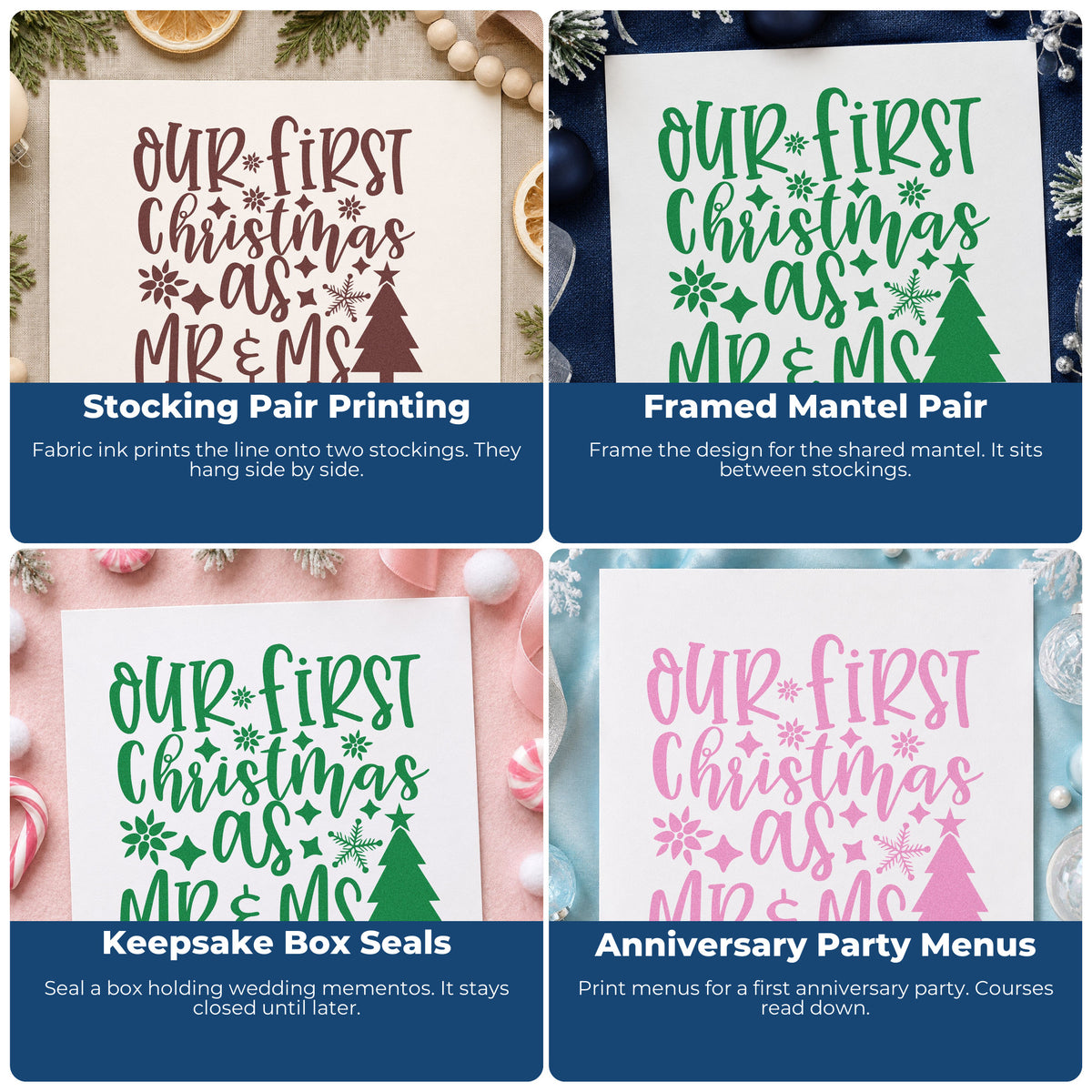 Four ways to use the First Christmas Mr And Mrs Lights Tree Motif Craft Stamp – Self-Inking: stocking pair printing, framed mantel pair, keepsake box seals and anniversary party menus.