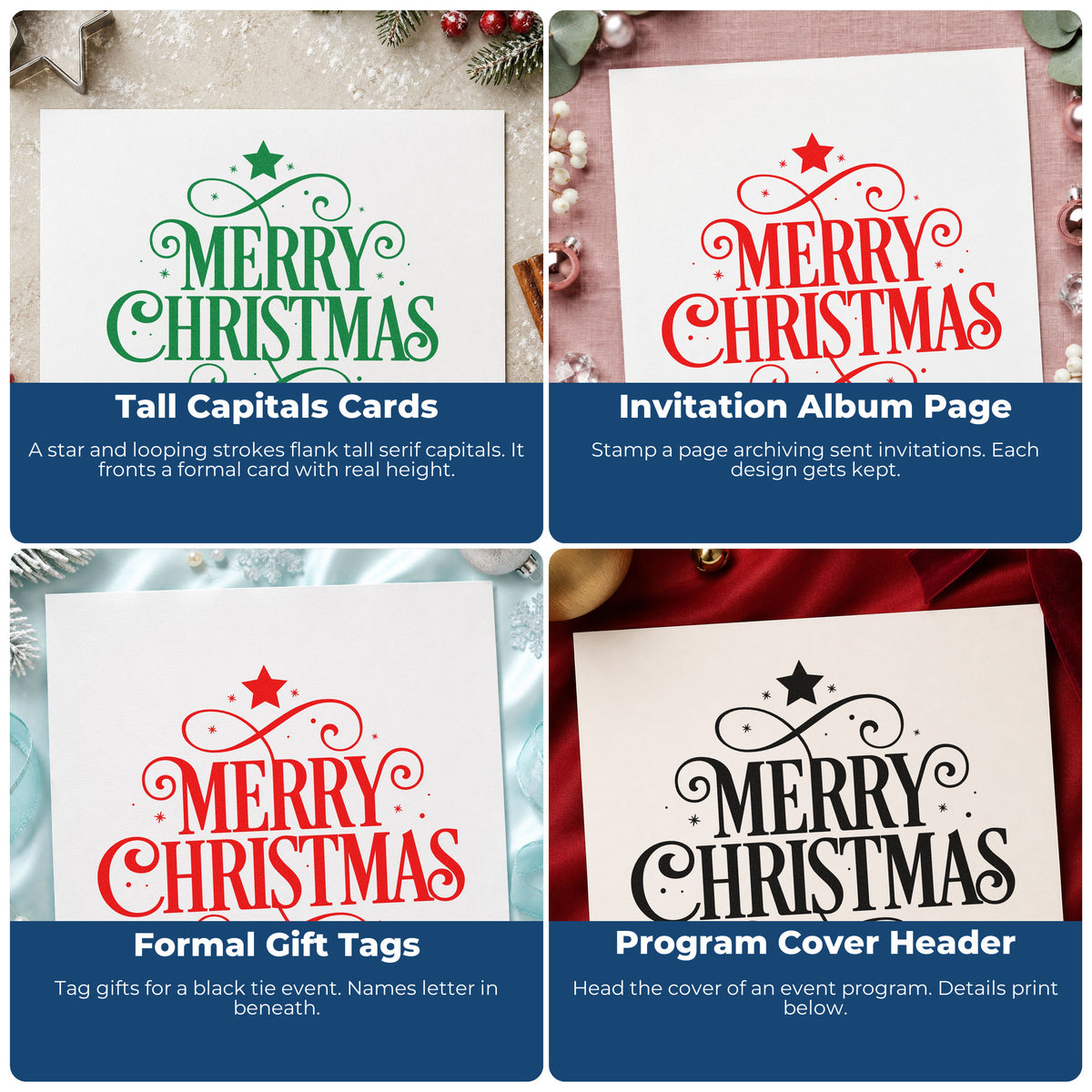 Four ways to use the Merry Christmas Ornamental Flourishes With Stars Stamp – Self-Inking: tall capitals cards, invitation album page, formal gift tags and program cover header.