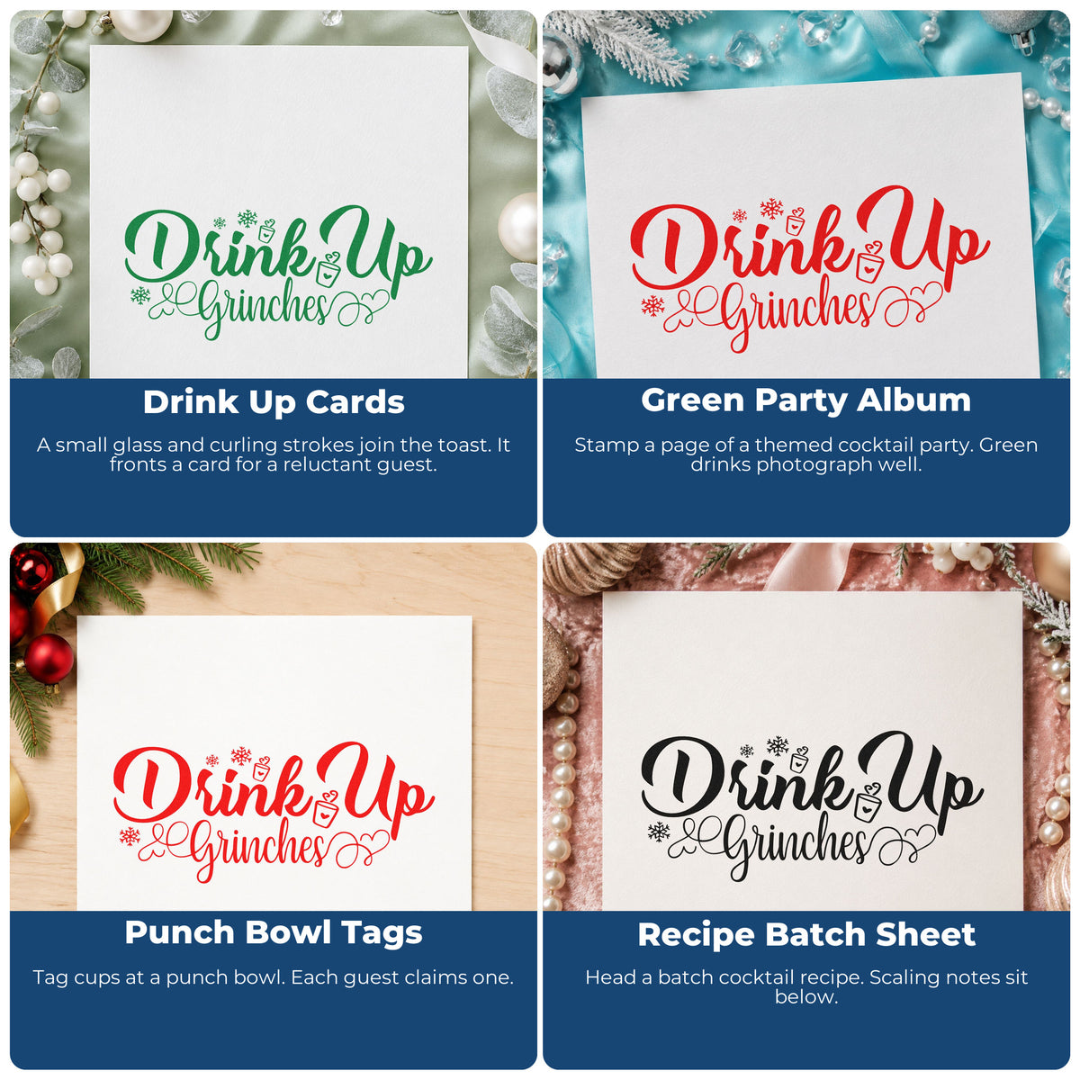 Christmas rubber stamp ideas for gift wrap, holiday cards, advent calendars, and ornaments with festive designs and sayings.