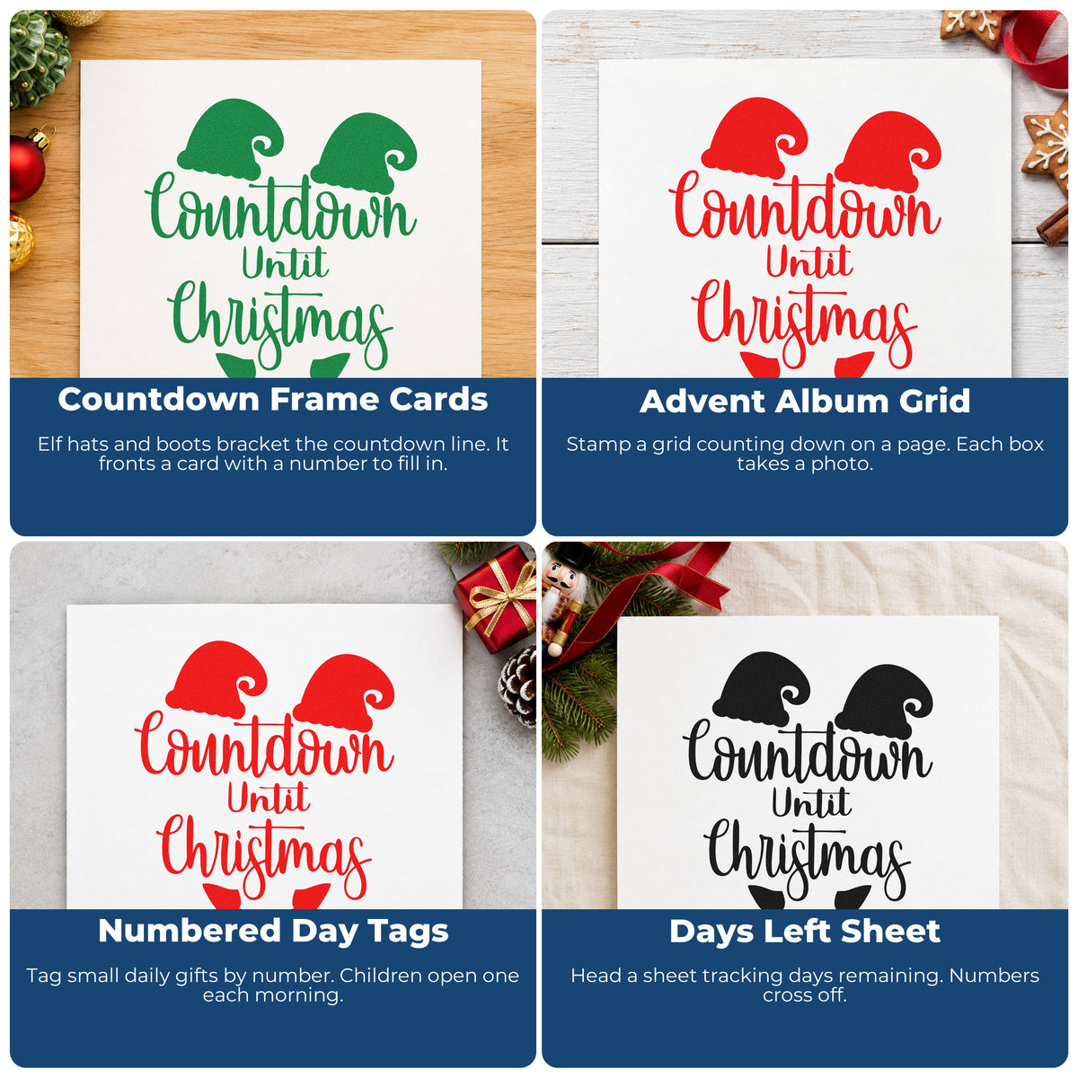 Four ways to use the Countdown Until Christmas Elf Premium Wood-Mounted Stamp - Vintage Pro: countdown frame cards, advent album grid, numbered day tags and days left sheet.