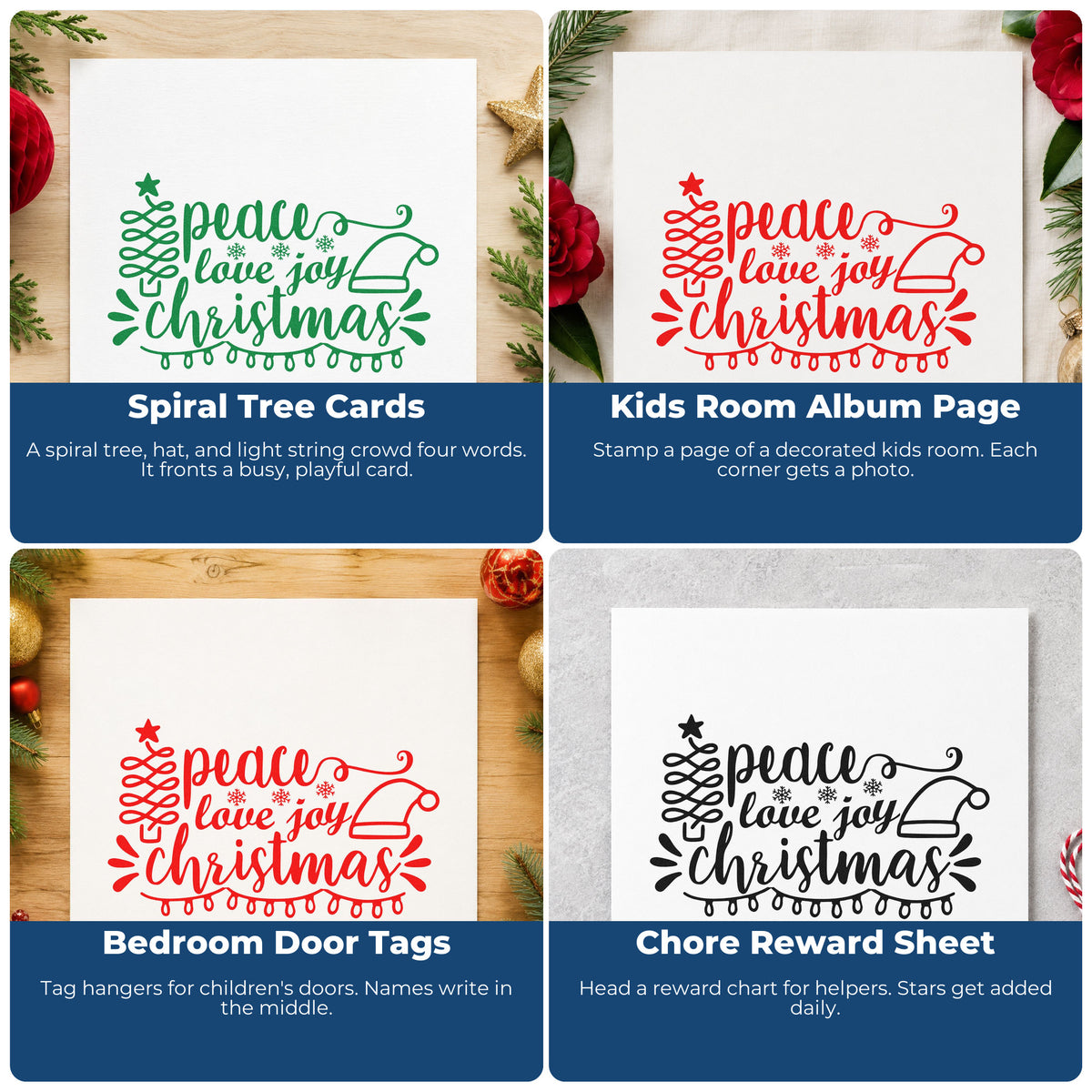 Four ways to use the Peace Love Joy Christmas Slim Pre-Inked Stamp: spiral tree cards, kids room album page, bedroom door tags and chore reward sheet.