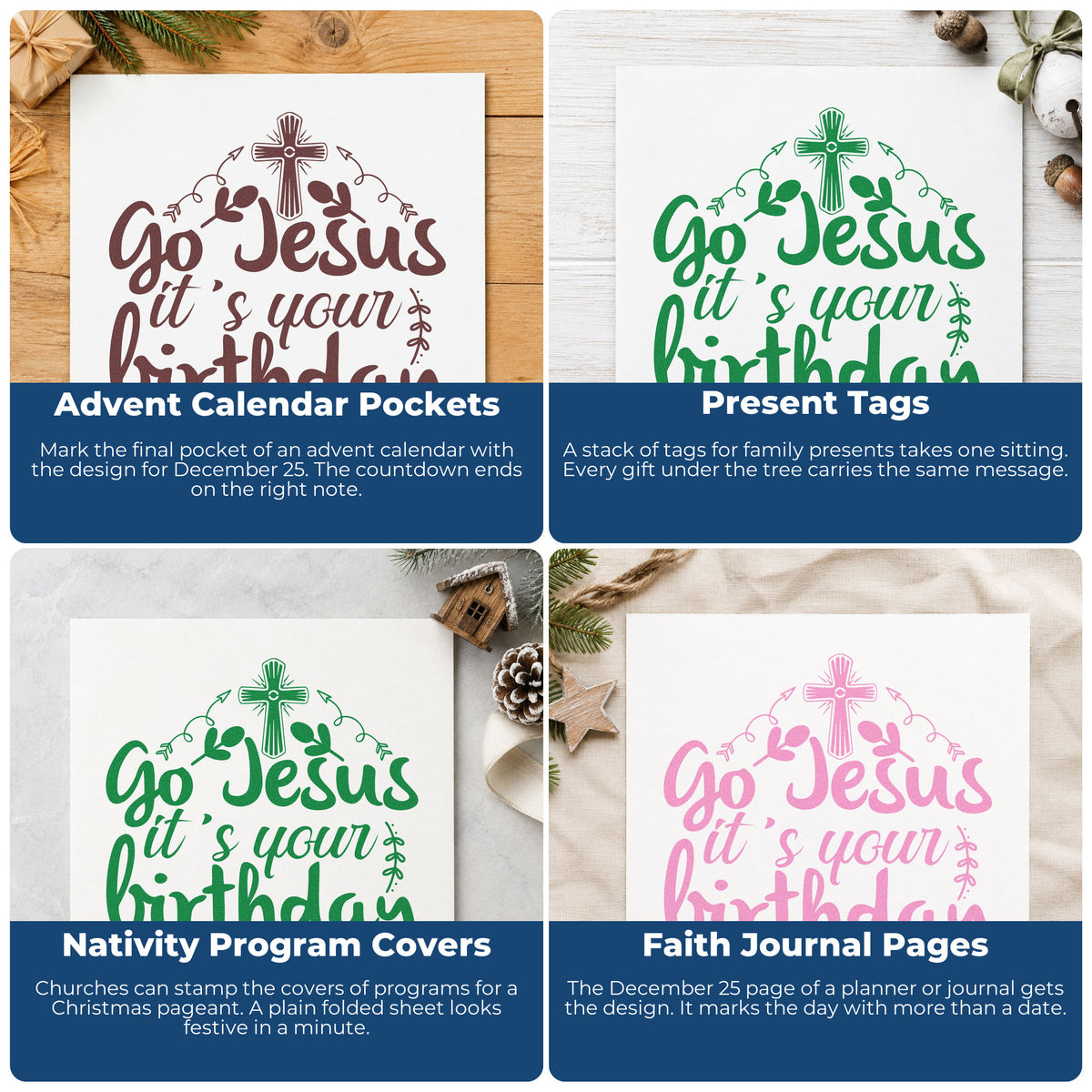 Four ways to use the Go Jesus It's Your Birthday With Cross Hand Stamp – Duo: advent calendar pockets, present tags, nativity program covers and faith journal pages.
