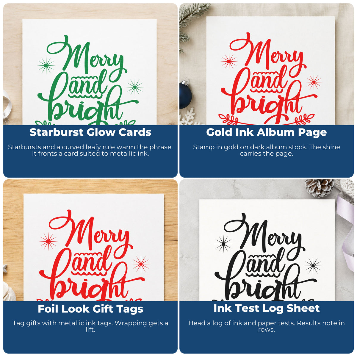 Christmas rubber stamps for gift wrap, holiday cards, advent calendars, and ornaments, featuring festive sayings and designs.