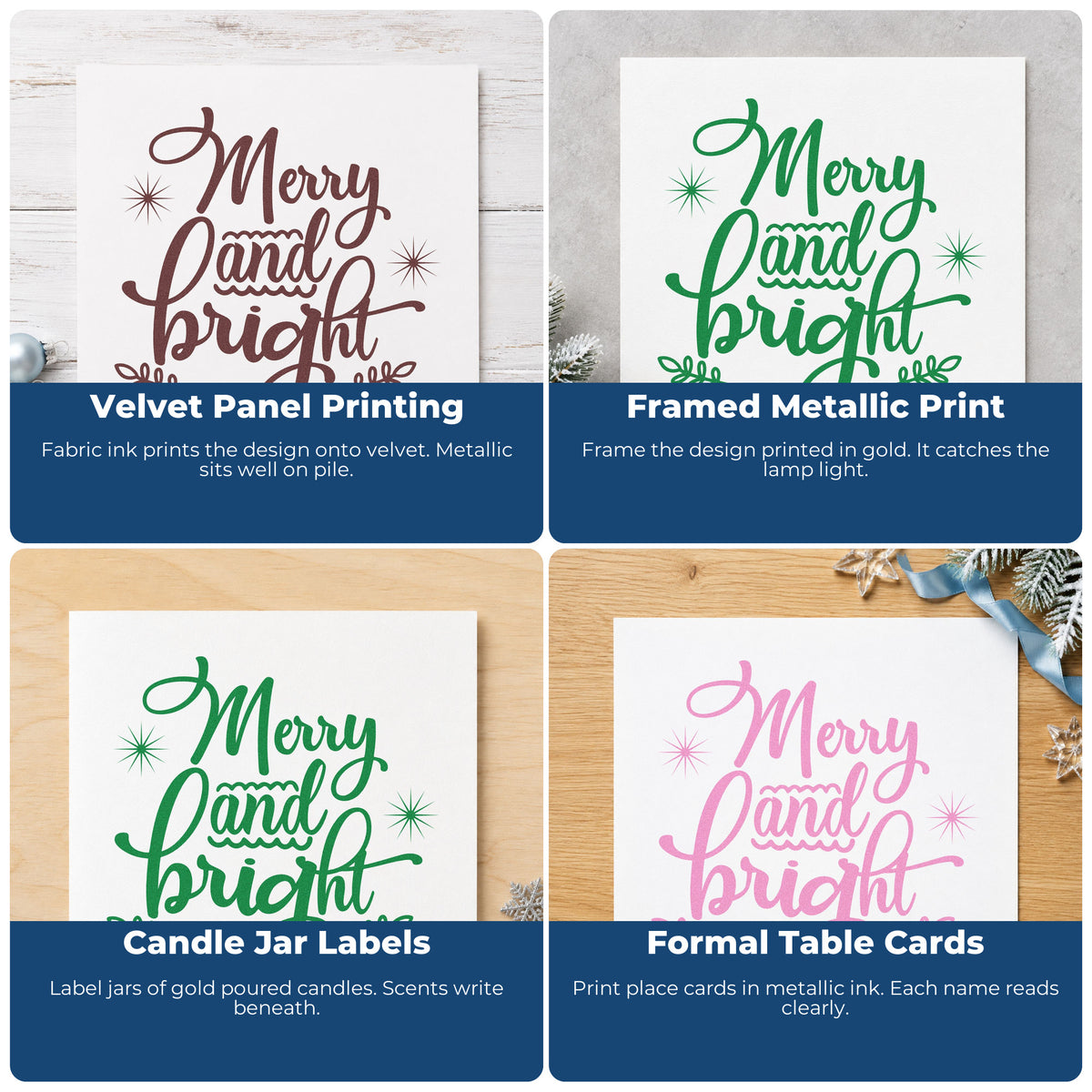 Collage of Christmas rubber stamp ideas for envelopes, cookie labels, scrapbooks, and DIY candles with festive lettering and icons.