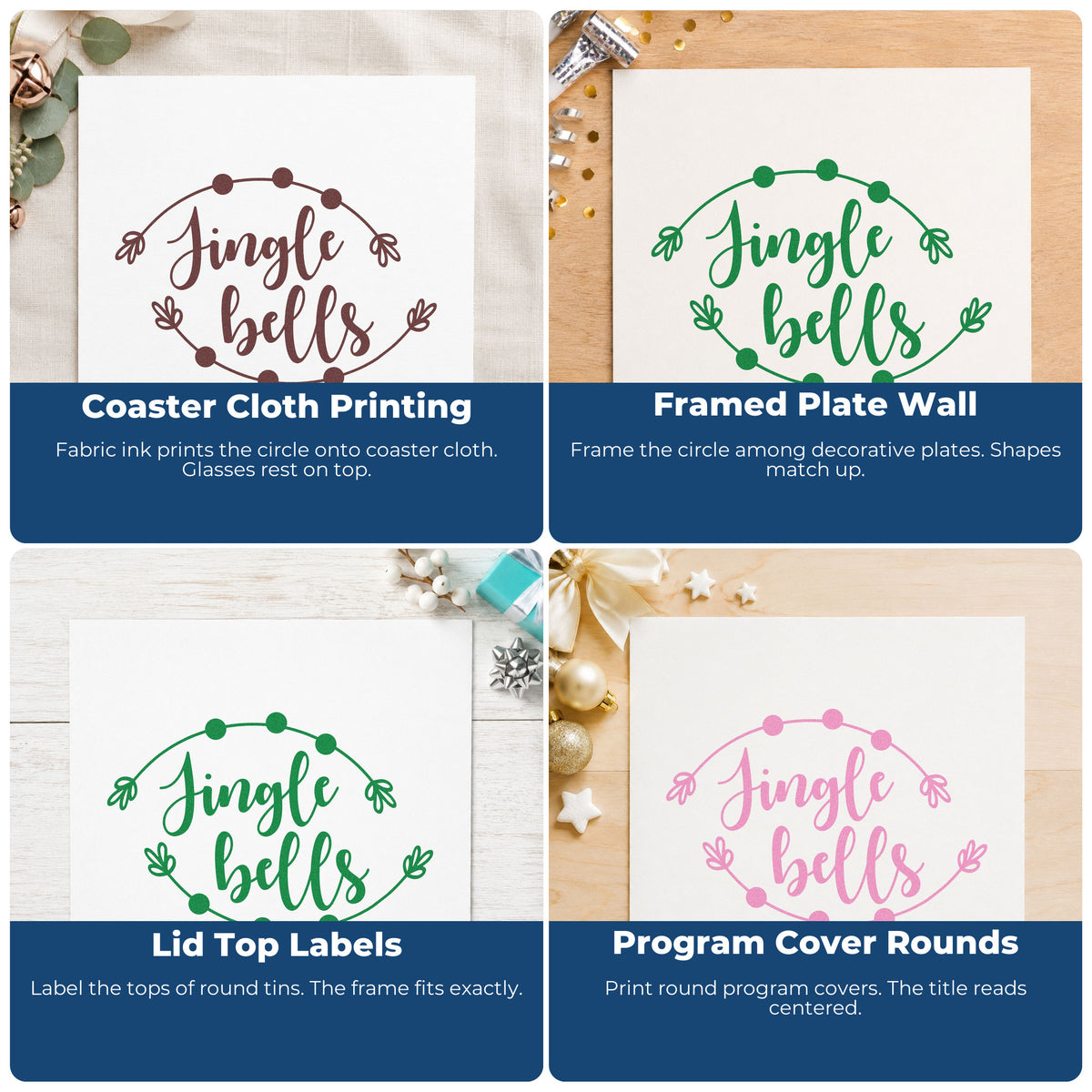 Holiday rubber stamp ideas for envelopes, cookie labels, scrapbooks, and DIY candles with festive Christmas lettering.