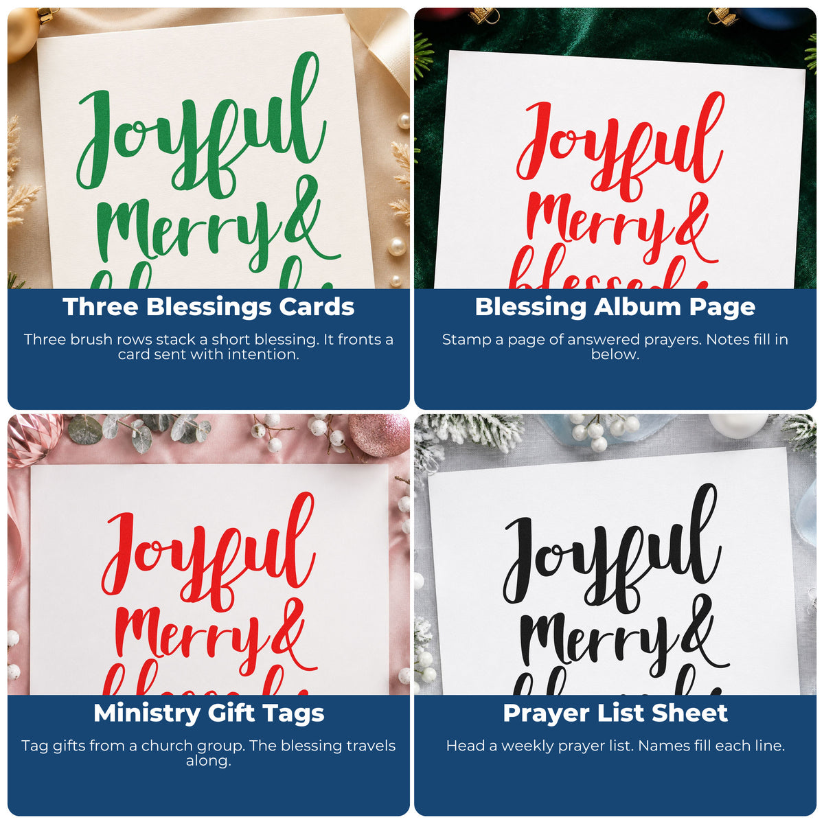 Holiday rubber stamps used for Christmas wrapping paper, greeting cards, advent calendars, and festive ornaments.