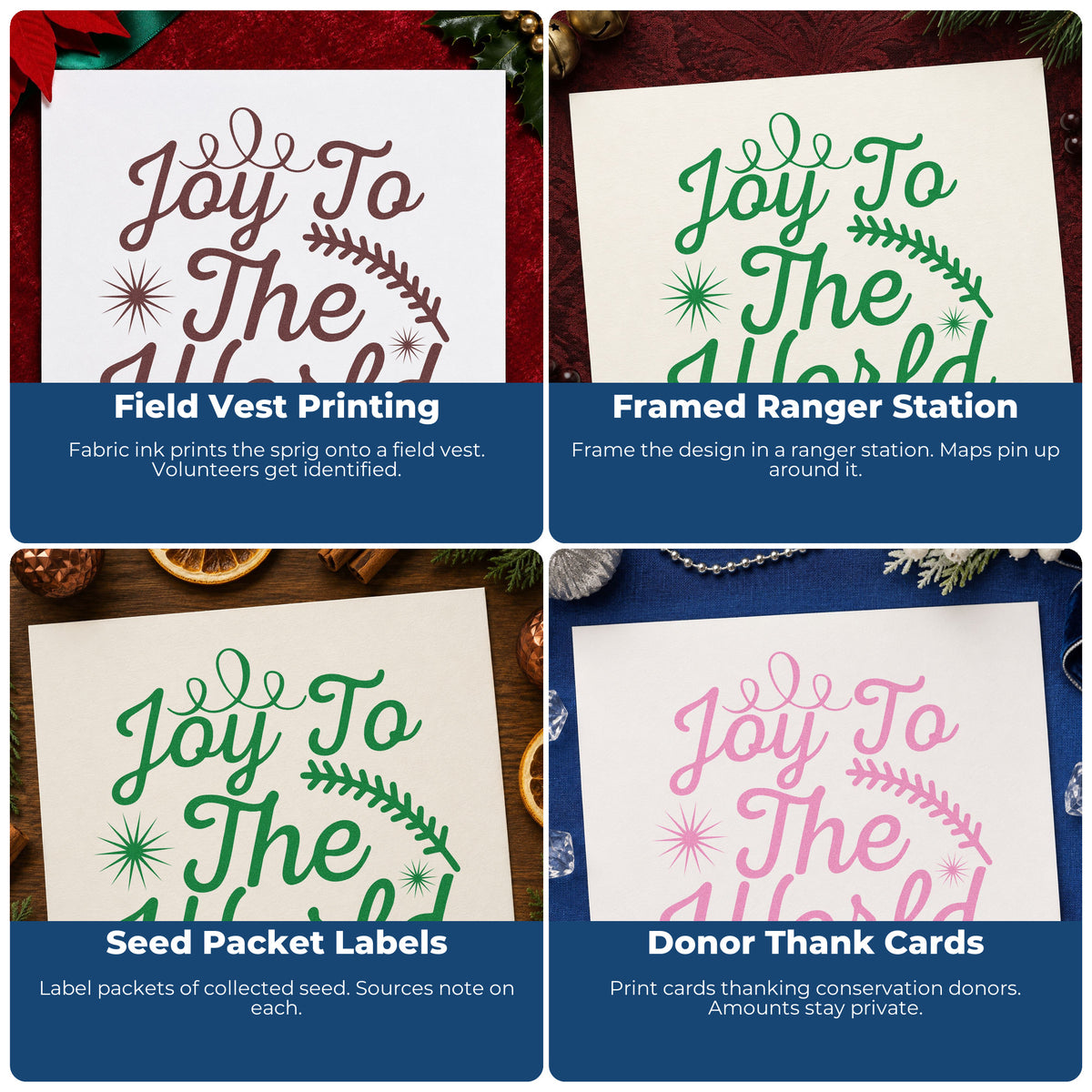 Four ways to use the Joy To The World Sprig Pine Motif Slim Pre-Inked Stamp: field vest printing, framed ranger station, seed packet labels and donor thank cards.