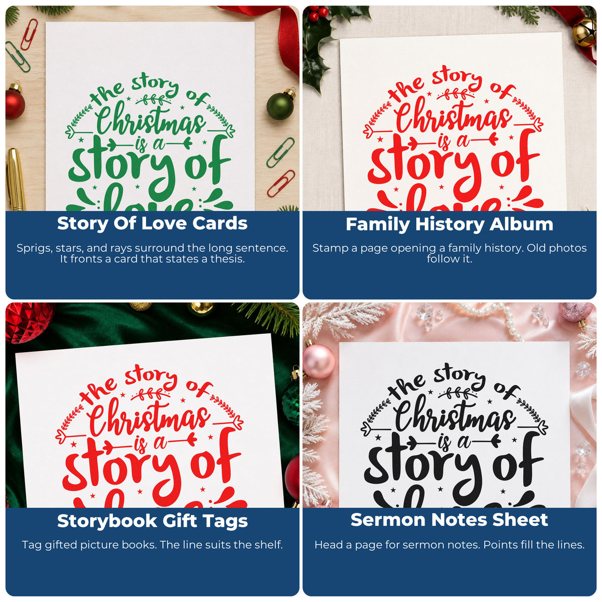 Four ways to use the Christmas Story Of Love Pre-Inked Stamp – Slim: story of love cards, family history album, storybook gift tags and sermon notes sheet.