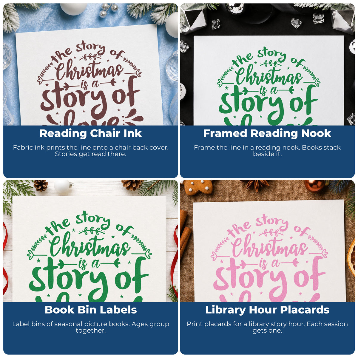 Four ways to use the Christmas Story Of Love Stamp – Self-Inking: reading chair ink, framed reading nook, book bin labels and library hour placards.