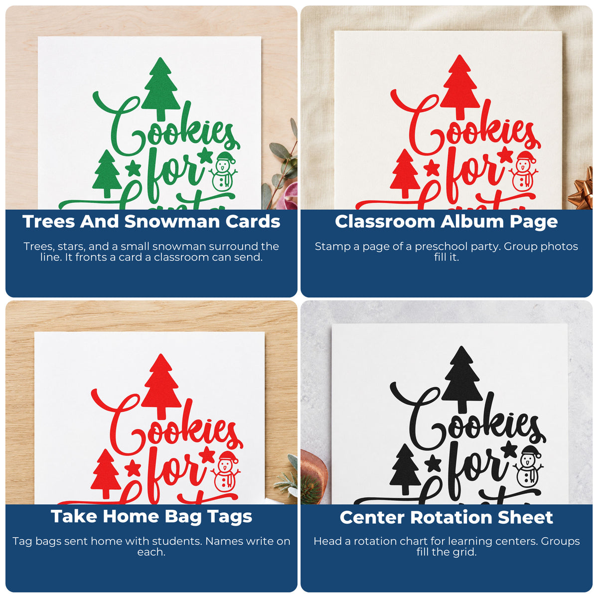 Christmas rubber stamp ideas for wrapping paper, greeting cards, advent calendars and ornaments with festive sayings.