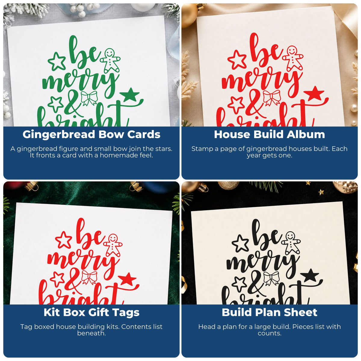 Holiday rubber stamp designs for Christmas gift wrap, greeting cards, advent calendars, and ornaments with festive lettering.