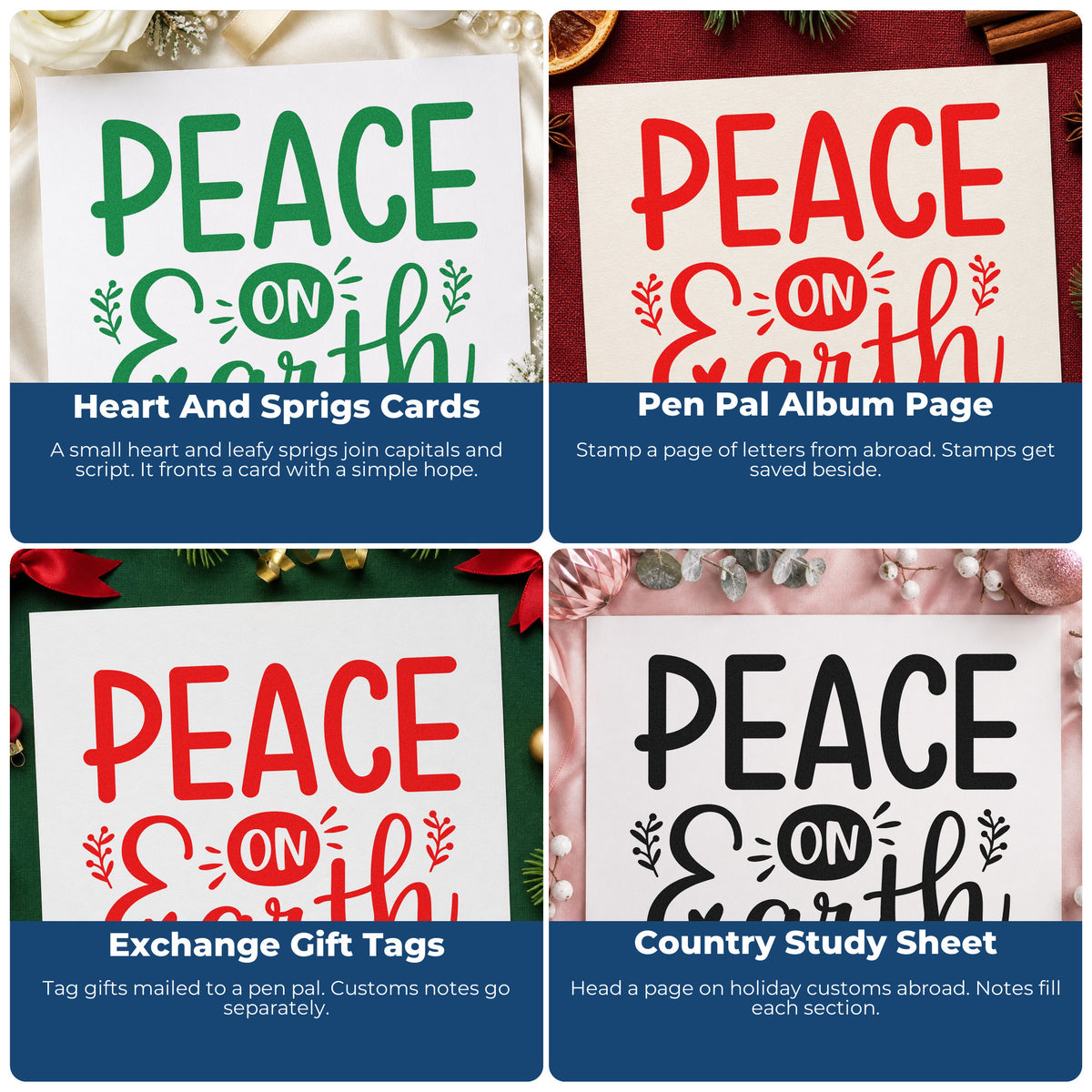 Four ways to use the Peace On Earth Heart Stamp – Duo Hand: heart and sprigs cards, pen pal album page, exchange gift tags and country study sheet.