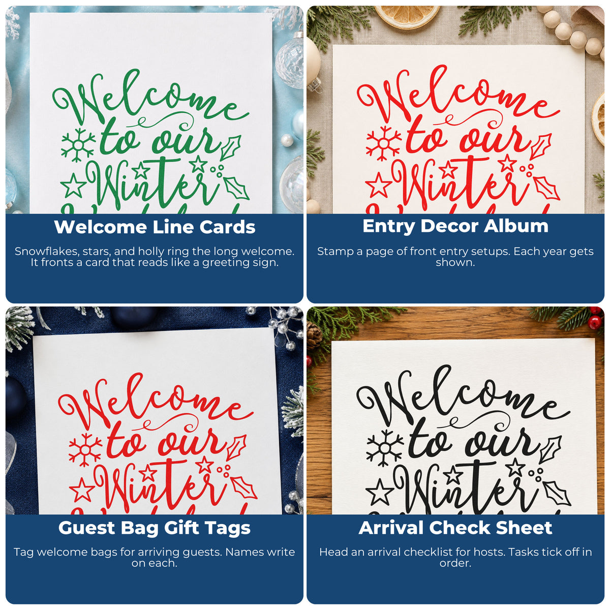 DIY Christmas rubber stamp ideas for wrapping paper, holiday cards, advent calendars, and ornaments.