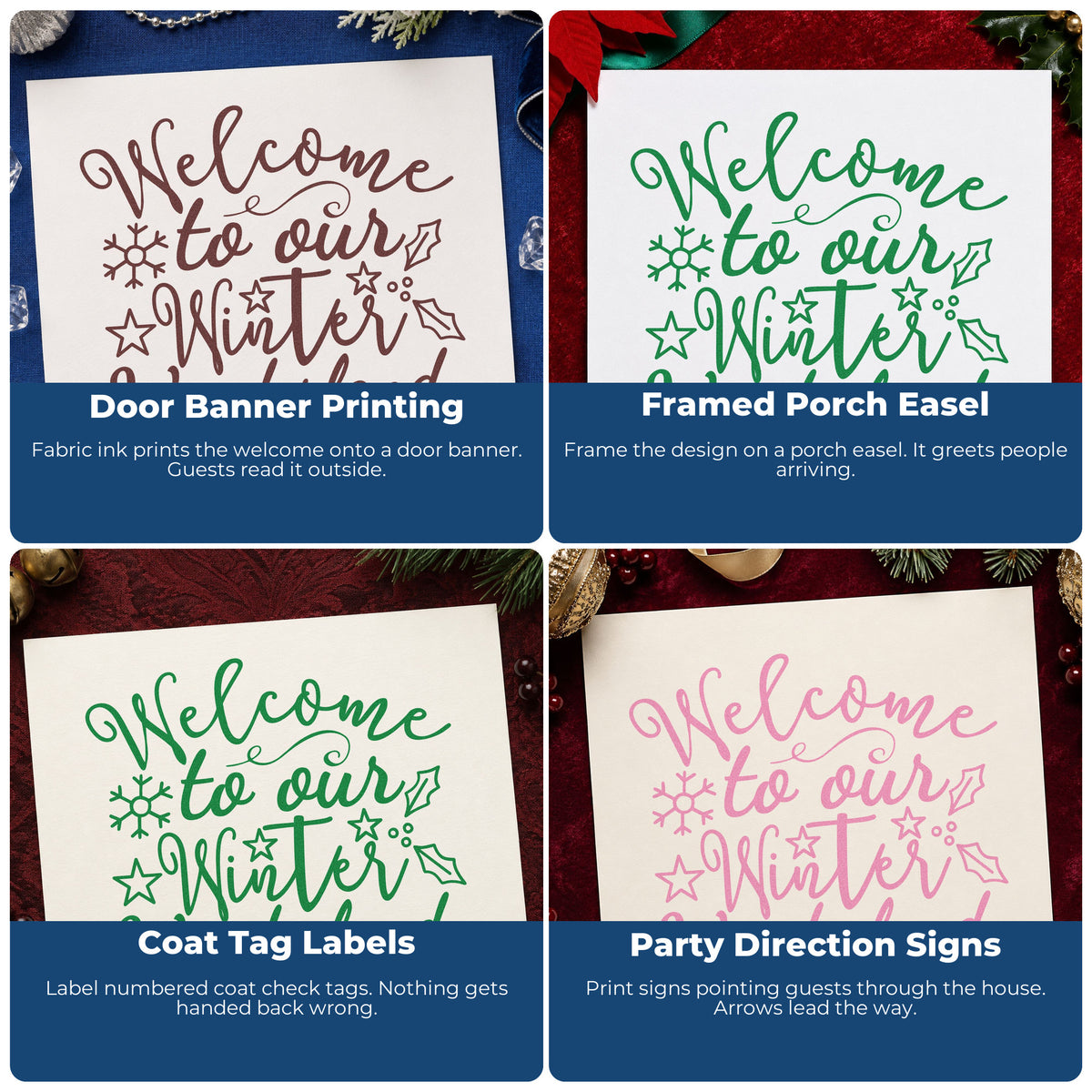 Holiday rubber stamp ideas for envelopes, cookie labels, scrapbooks, and DIY candles with festive lettering and icons.