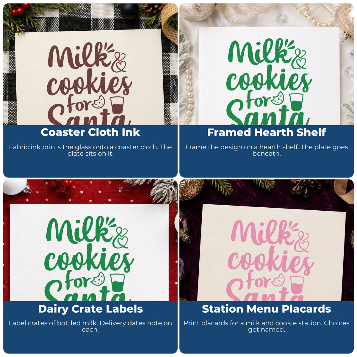 Four ways to use the Milk And Cookies For Santa Rubber Stamp – Duo Hand: coaster cloth ink, framed hearth shelf, dairy crate labels and station menu placards.