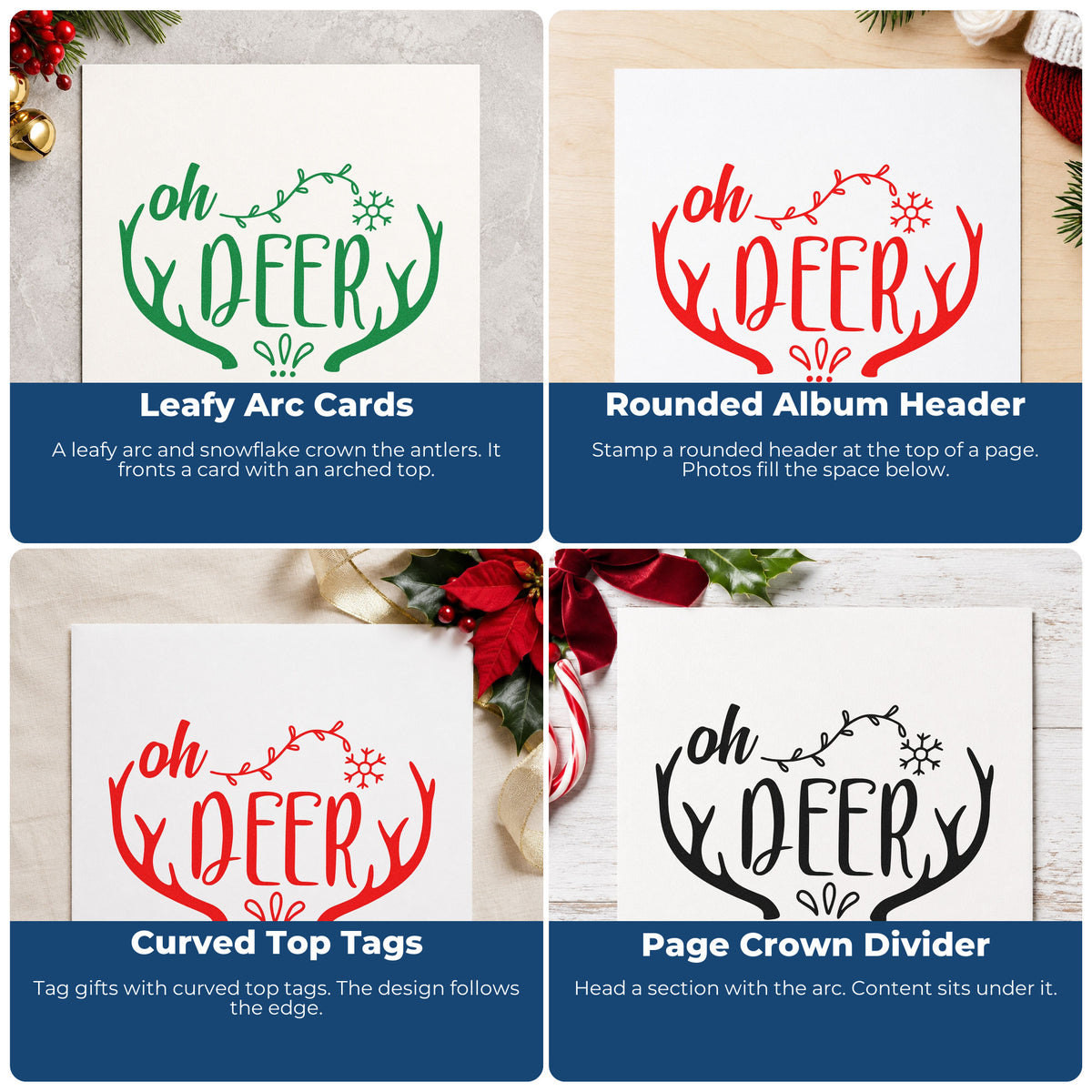 Four ways to use the Oh Deer Antler Frame Rubber Stamp – Duo Hand: leafy arc cards, rounded album header, curved top tags and page crown divider.