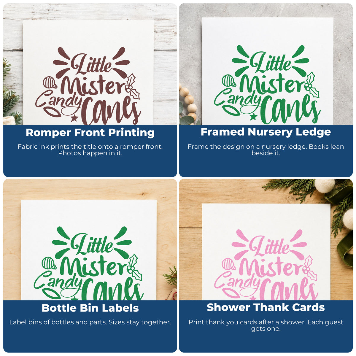 Four ways to use the Duo Hand Little Mister Candy Canes Holly Rubber Stamp: romper front printing, framed nursery ledge, bottle bin labels and shower thank cards.