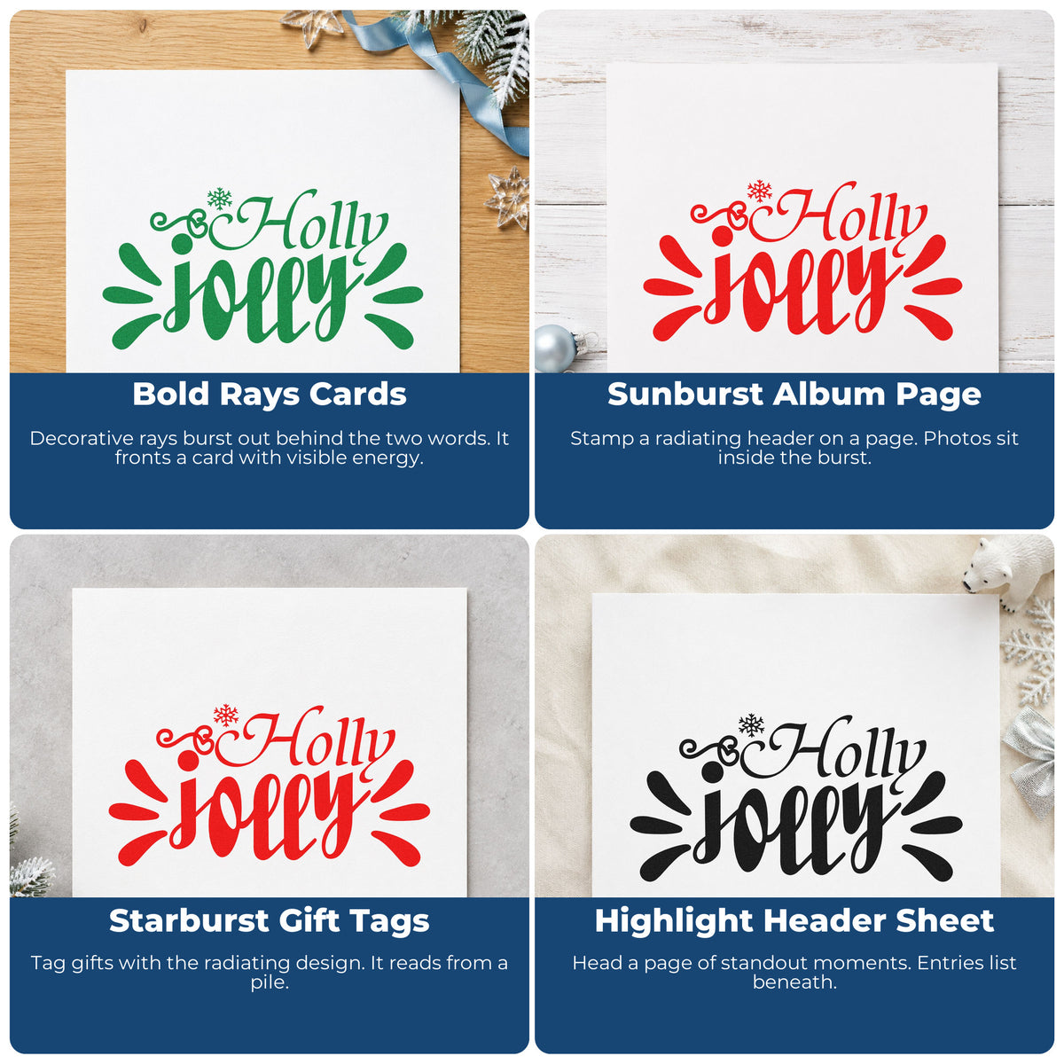 Christmas rubber stamp ideas for gift wrap, holiday cards, advent calendars, and ornaments with festive seasonal phrases.