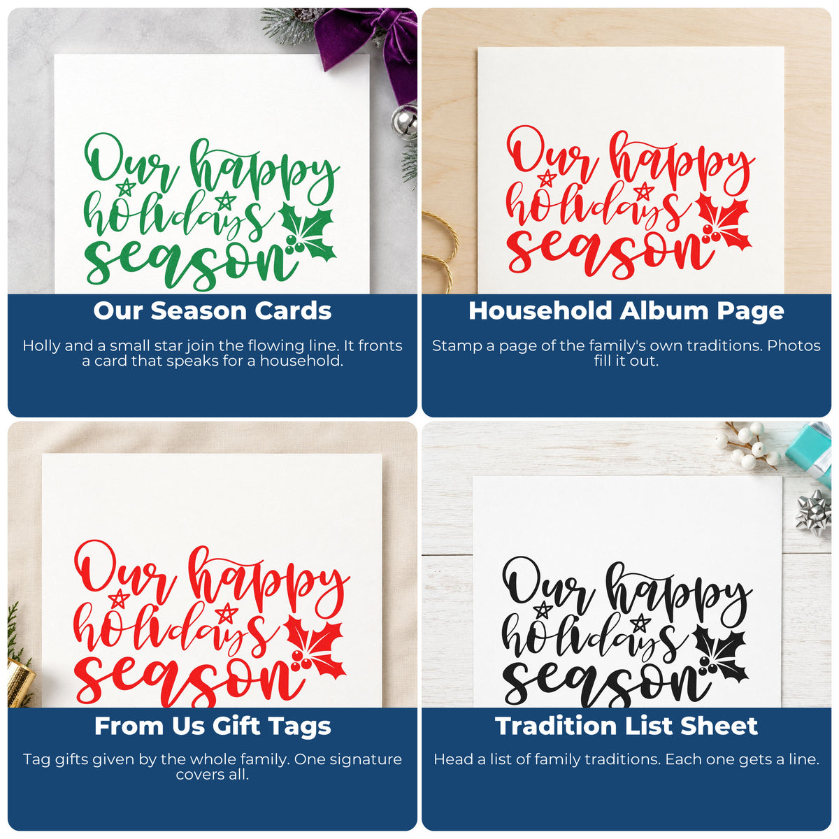 Christmas rubber stamps for wrapping paper, holiday cards, advent calendars, and ornaments.
