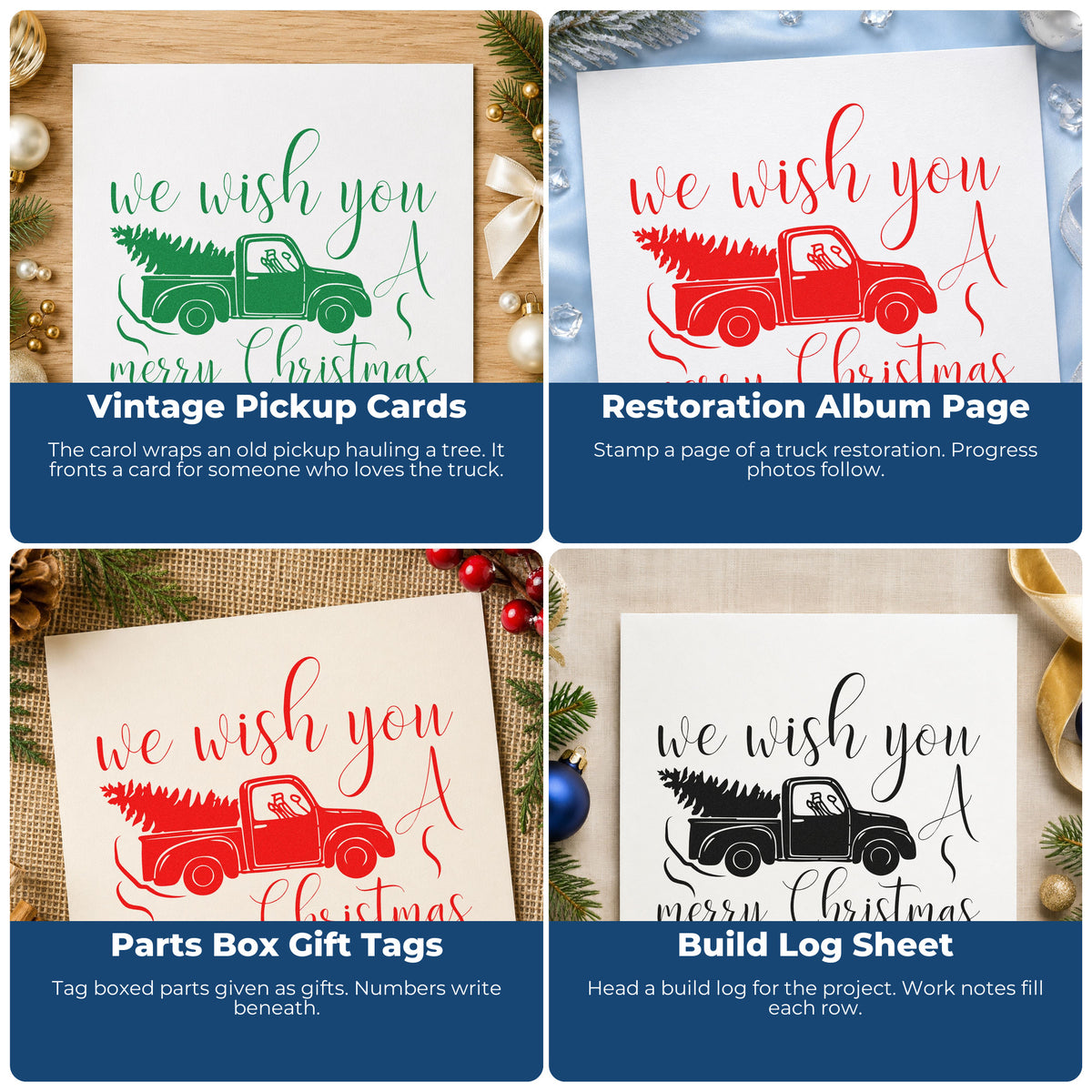 Four ways to use the Wish You Christmas Pickup Rubber Stamp – Wood Handle: vintage pickup cards, restoration album page, parts box gift tags and build log sheet.